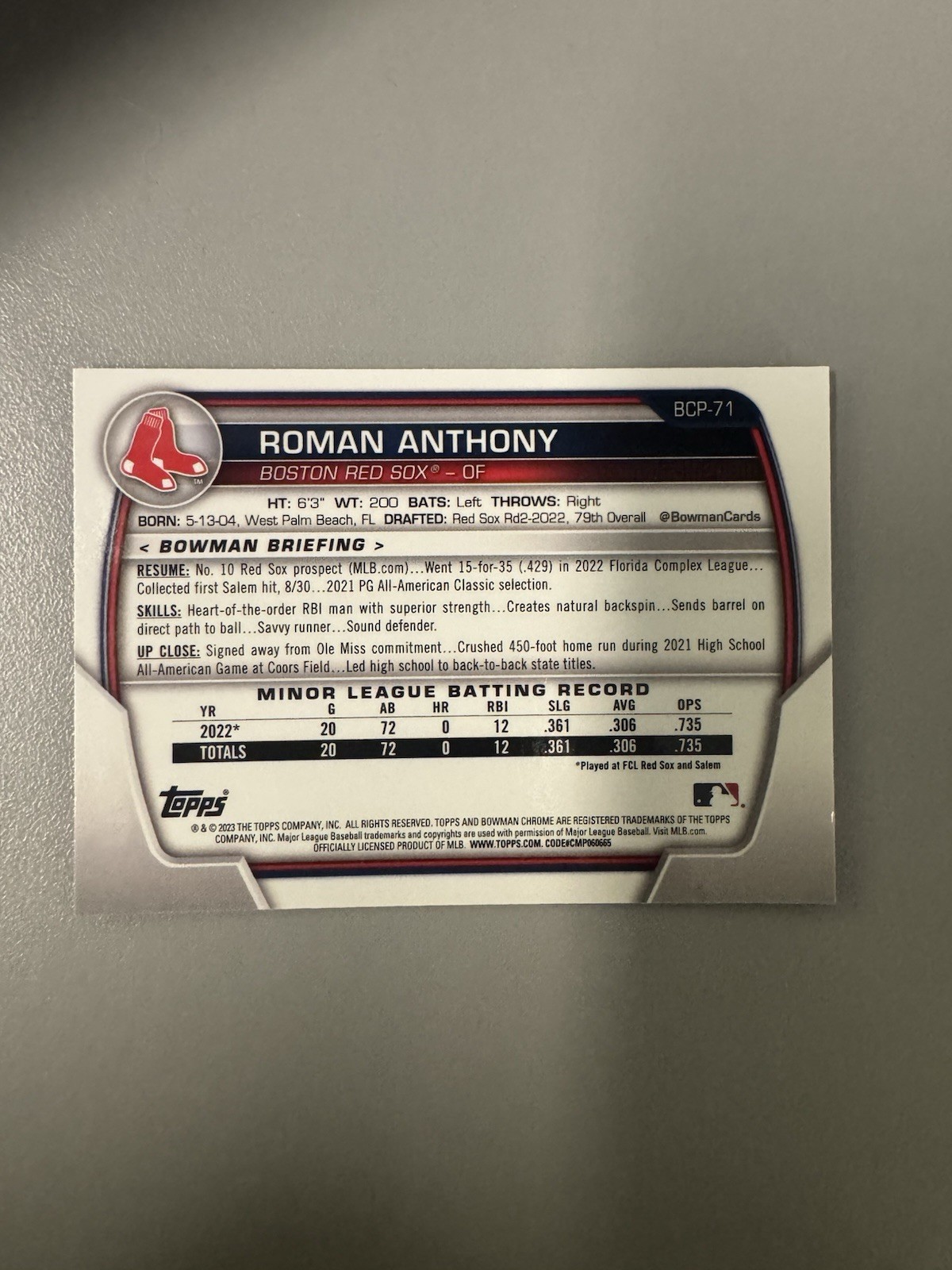 2023 Bowman – Chrome Prospects Roman Anthony #BCP-71 (RC)
