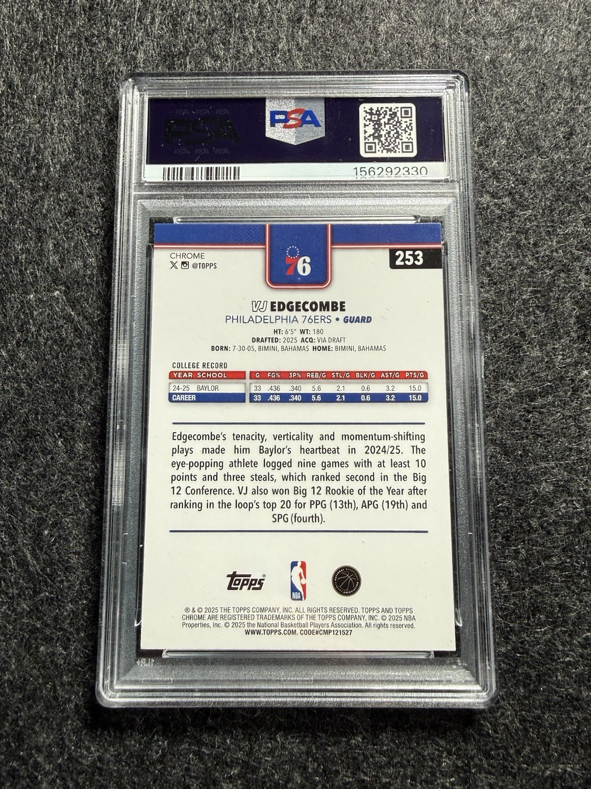 VJ EDGECOMBE RC 2025 TOPPS CHROME BASKETBALL REFRCATOR PSA 10 76ERS #253