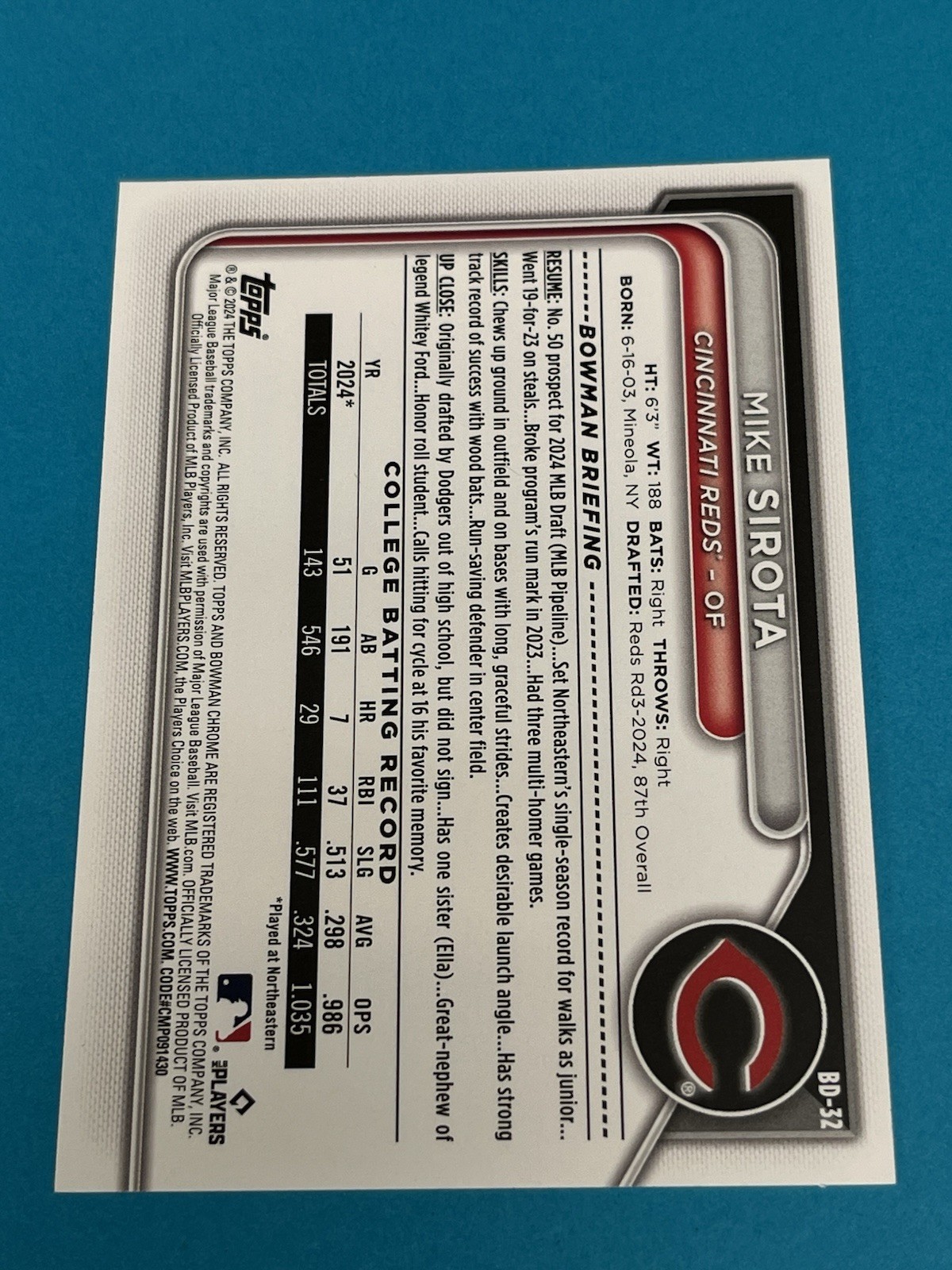 2024 Bowman Draft MIKE SIROTA 1st Bowman #BD-32 Cincinnati Reds Qty Avail