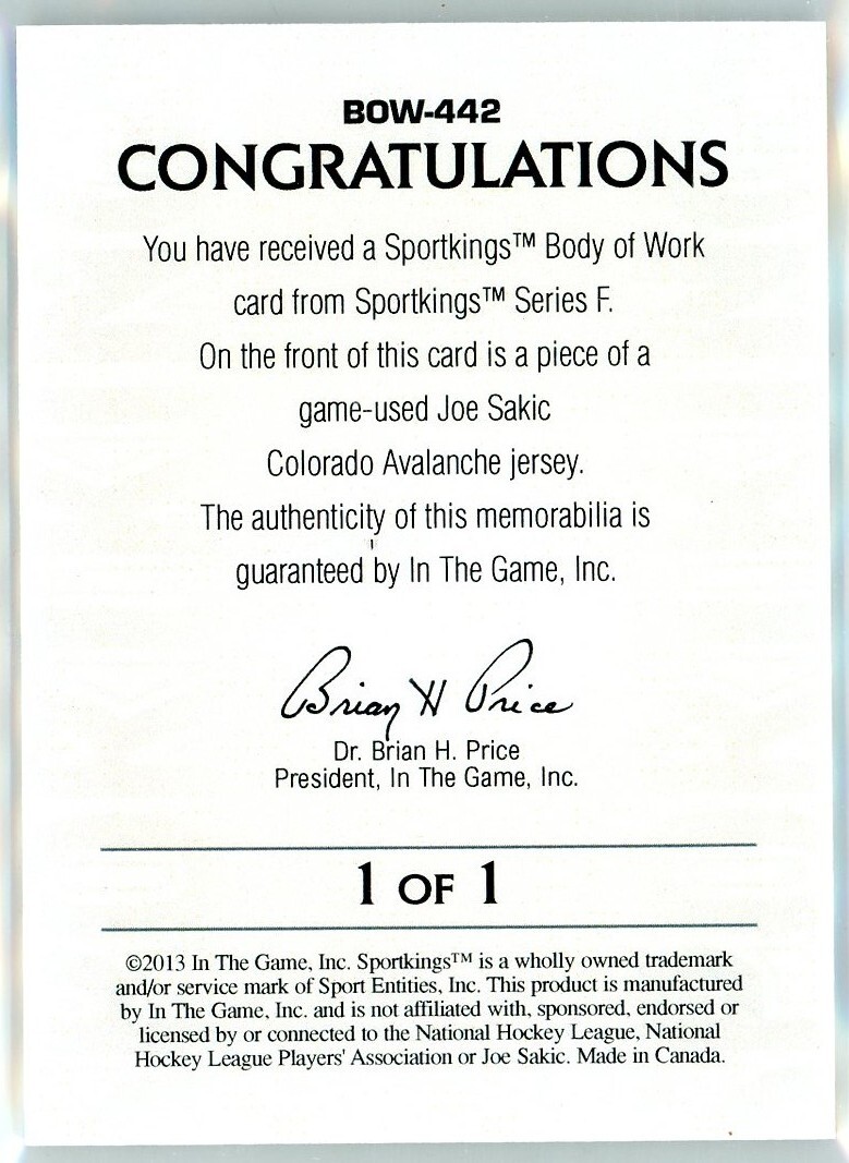 2013 SPORTKINGS BODY OF WORK 1/1 #BOW442 JOE SAKIC ON-CARD ART + PATCH BGS 9.5