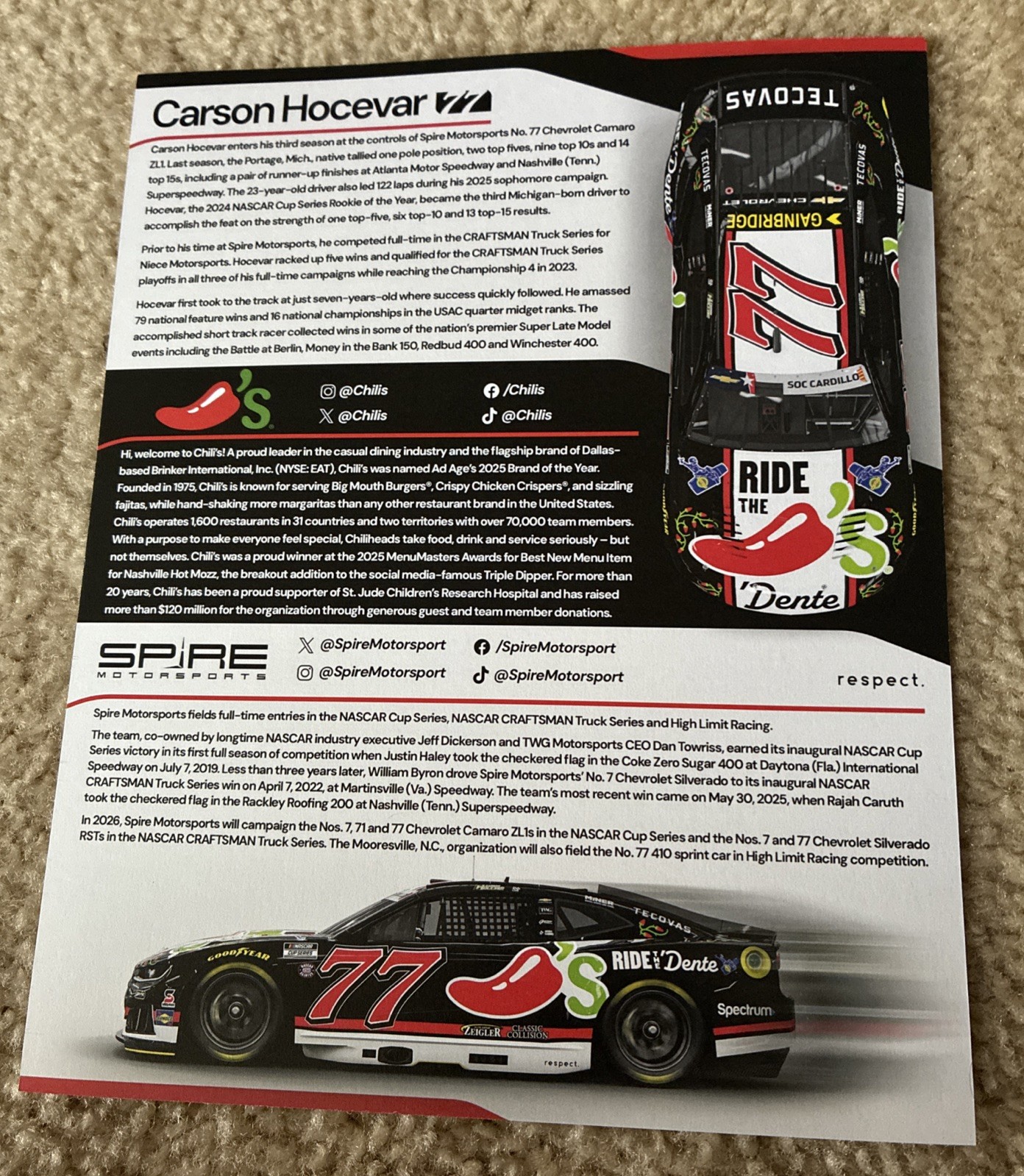 NASCAR Driver #77 Carson Hocevar Ride The Dente 2026 Postcard Charlotte Race
