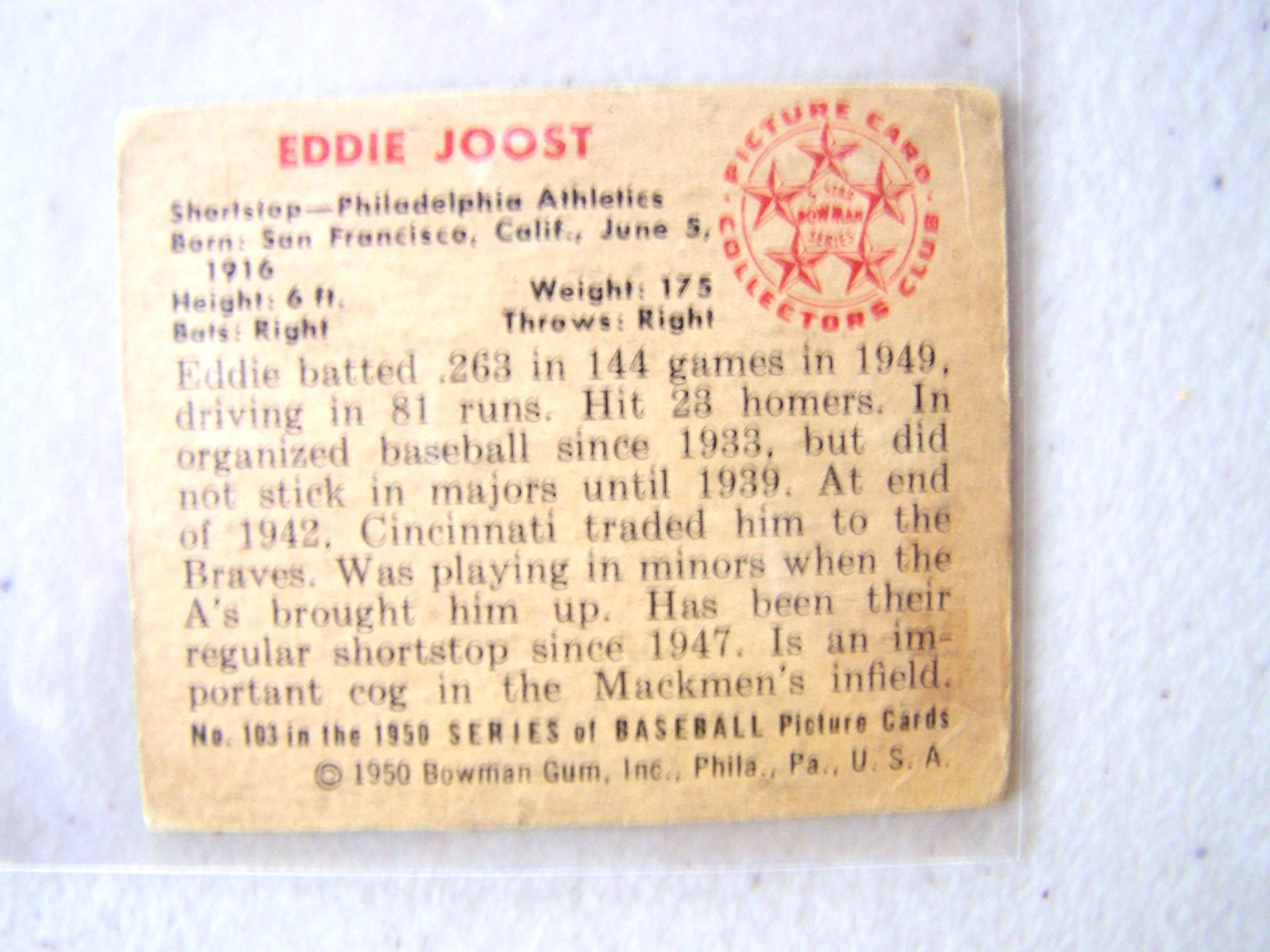 (158) G 1950 BOWMAN BASEBALL CARD LOT OF 5 DIFFERENT. SEE BELOW