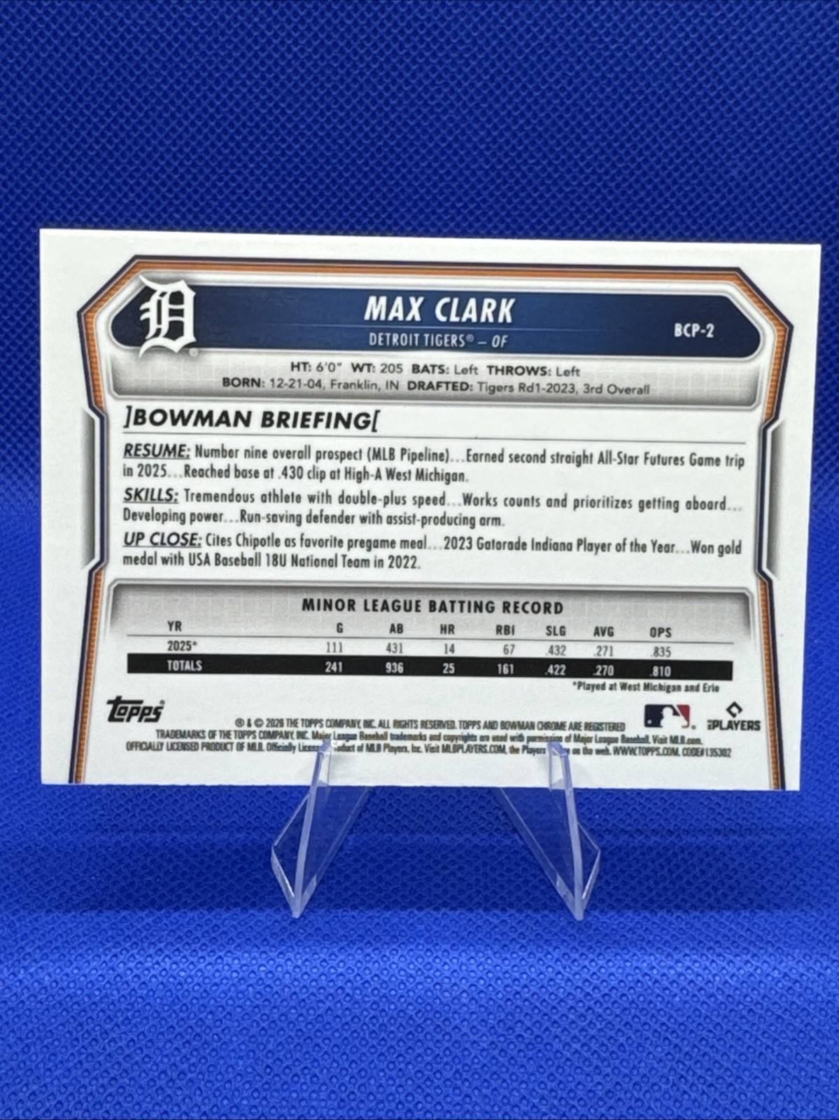 2026 Bowman CHROME Prospects BCP-2 Max Clark, Detroit Tigers