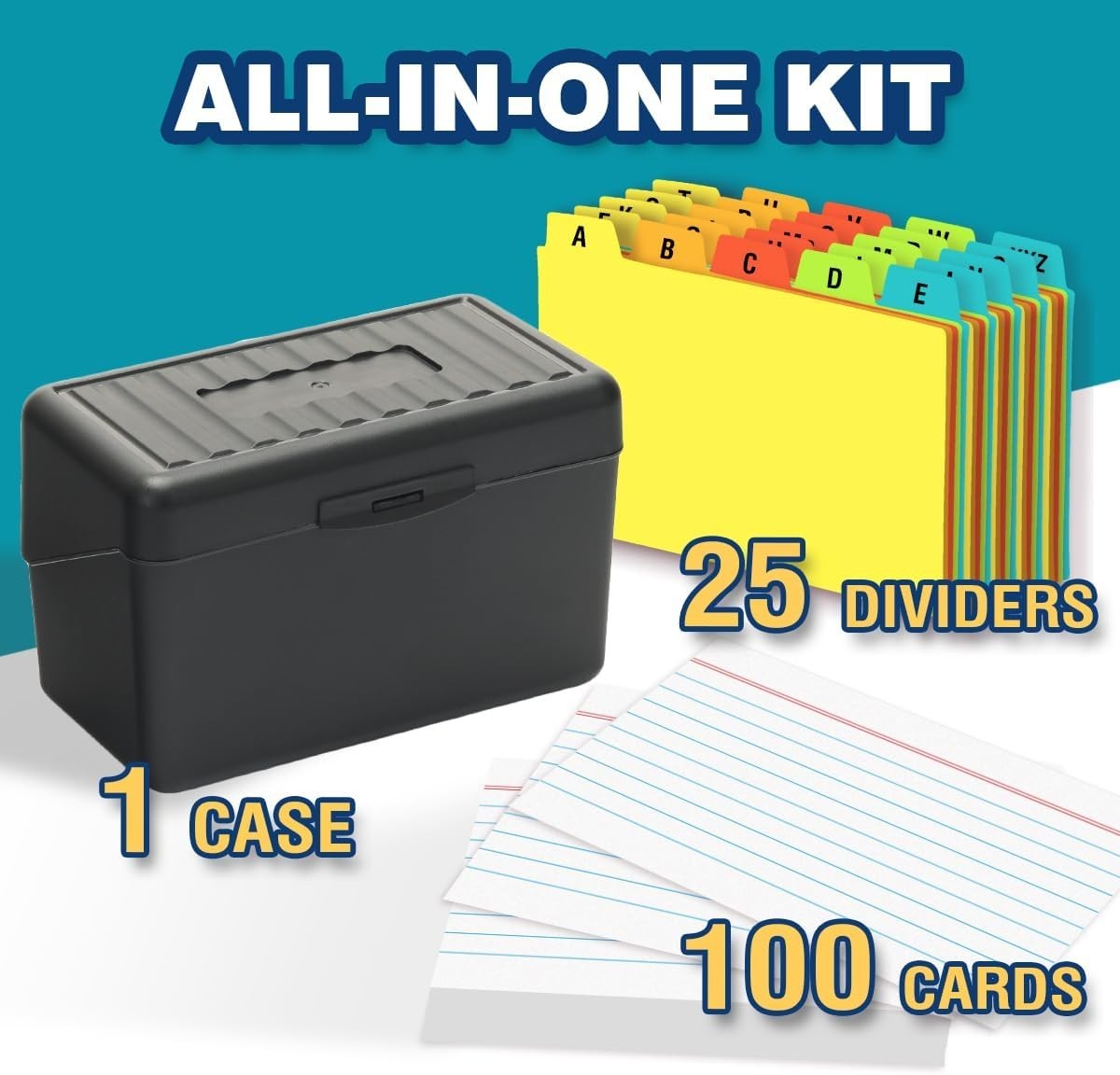 Compact 3×5 Index Card Box with 100 Cards & 25 Dividers in Sophisticated Black