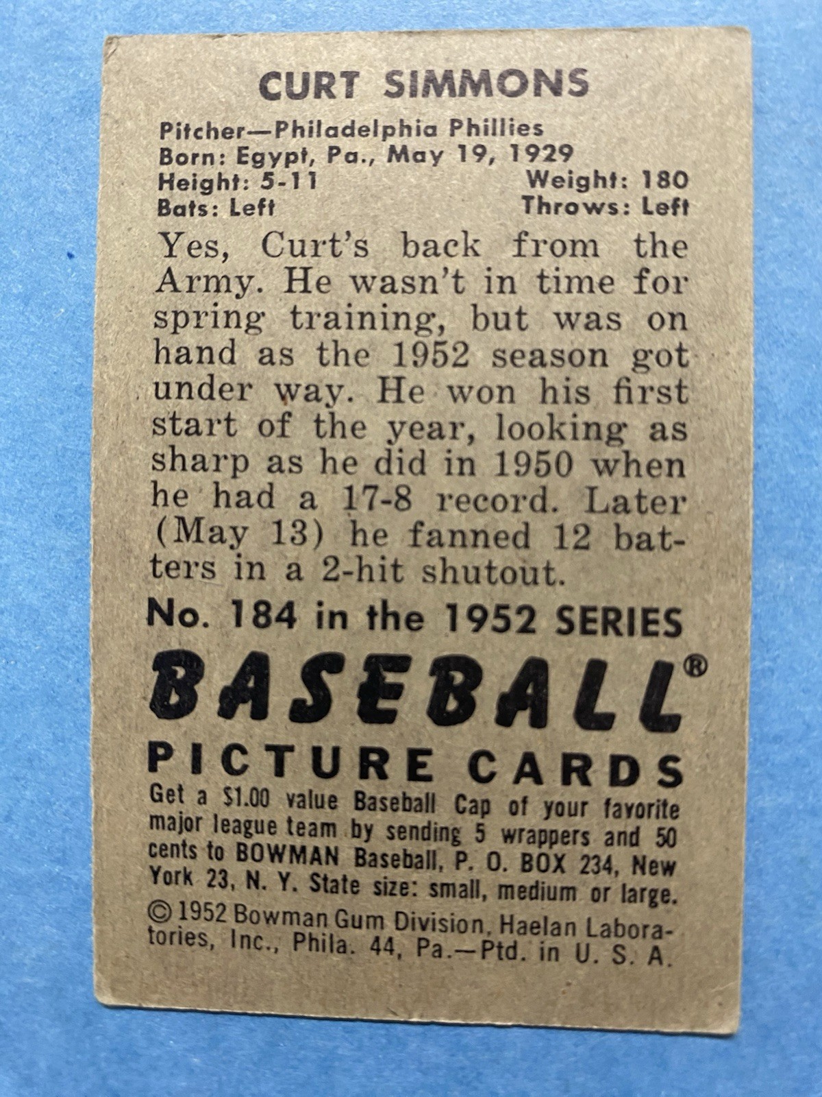 1952 Bowman – Curt Simmons #184 Philadelphia Phillies Baseball Card No Creases