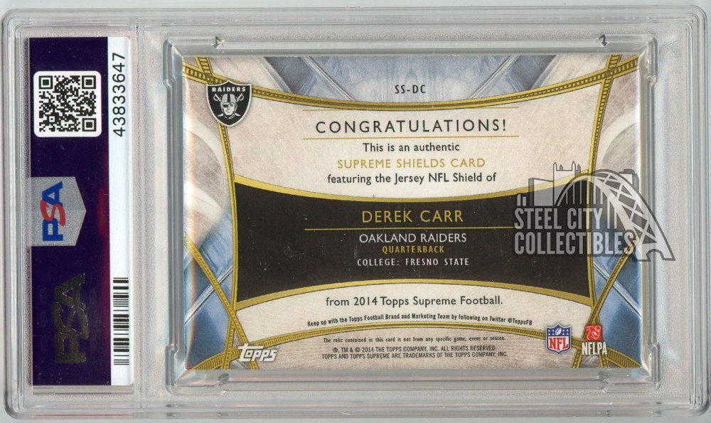 Derek Carr 2014 Topps Supreme Rookie NFL Shield Patch Card #SS-DC 1/1 PSA AUTH