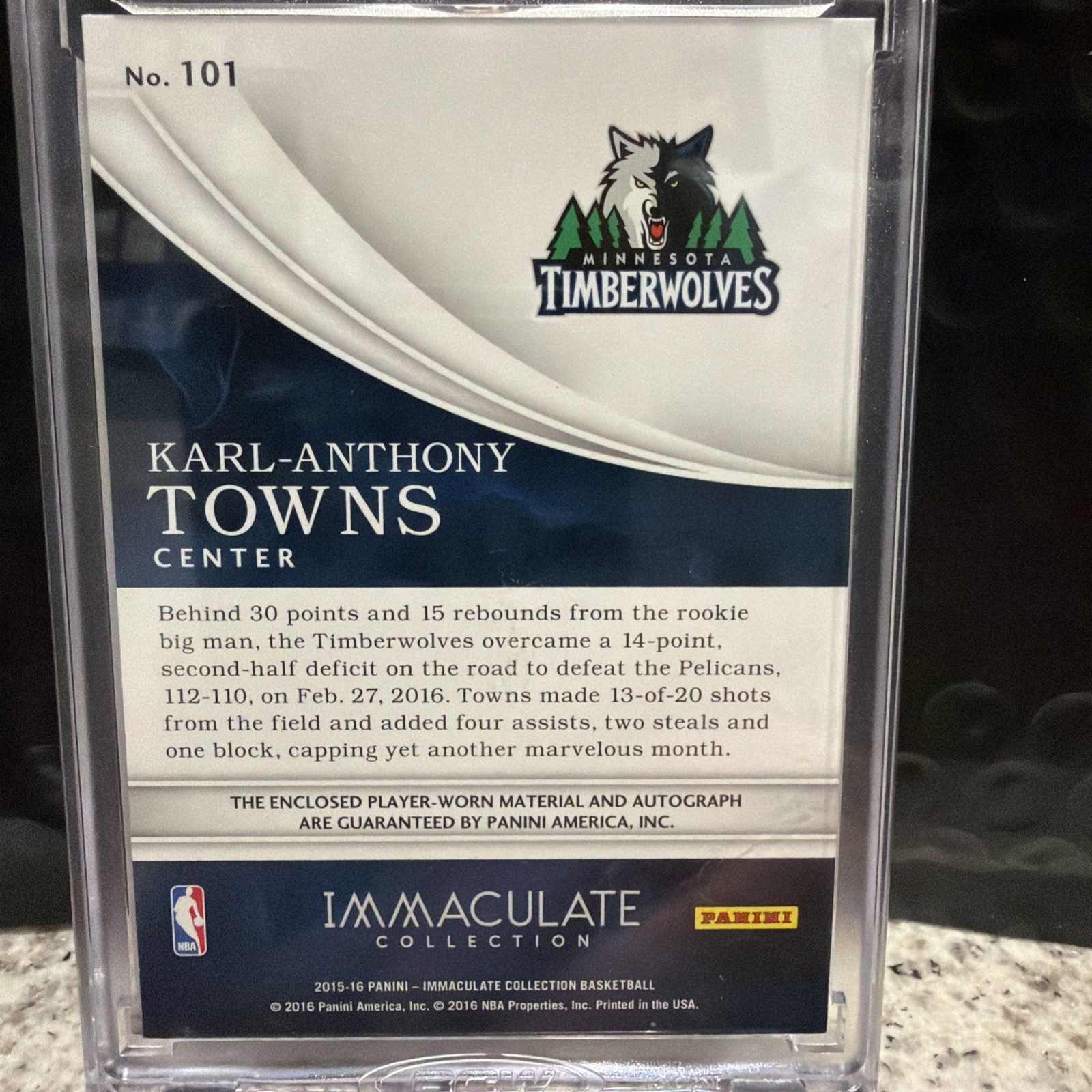 2015-16 Panini Immaculate Karl-Anthony Towns RC Rookie #101 Patch Auto /99