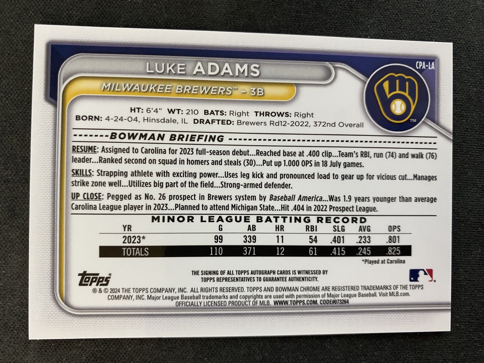 2024 Bowman Chrome Luke Adams 1st Chrome Auto Brewers RC CPA-LA 1st Bowman