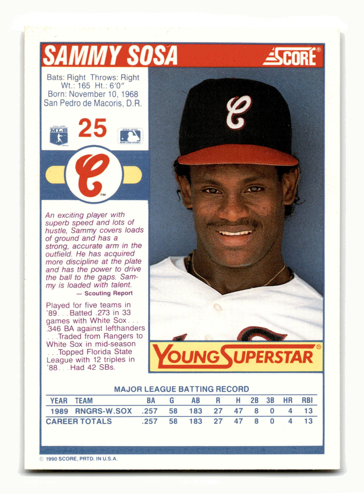 Sammy Sosa 1990 Score Young Superstars II #25 Chicago White Sox Mint