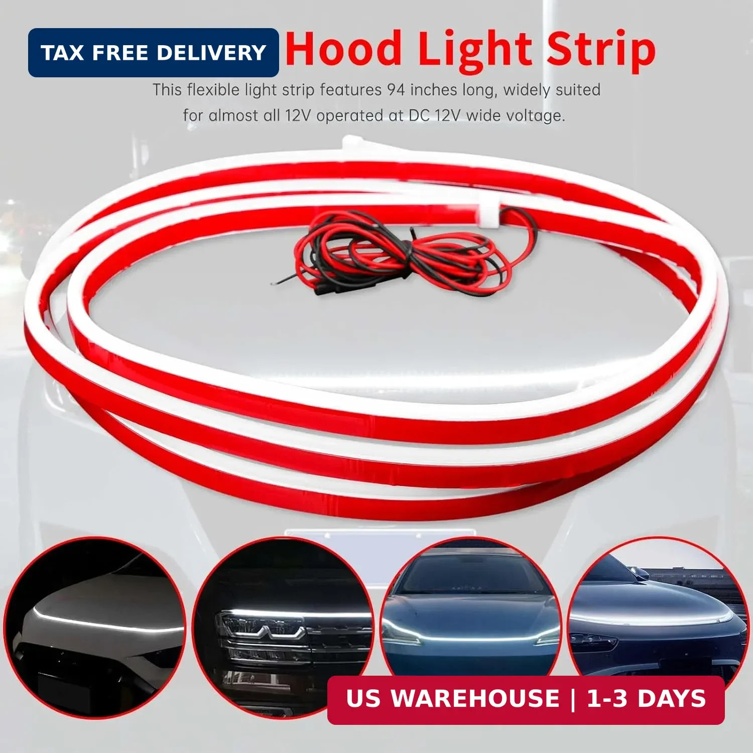 DREAMOTOR 94.5 Inch Car Hood Light Strip, White Exterior Dynamic Car LED Hood Li