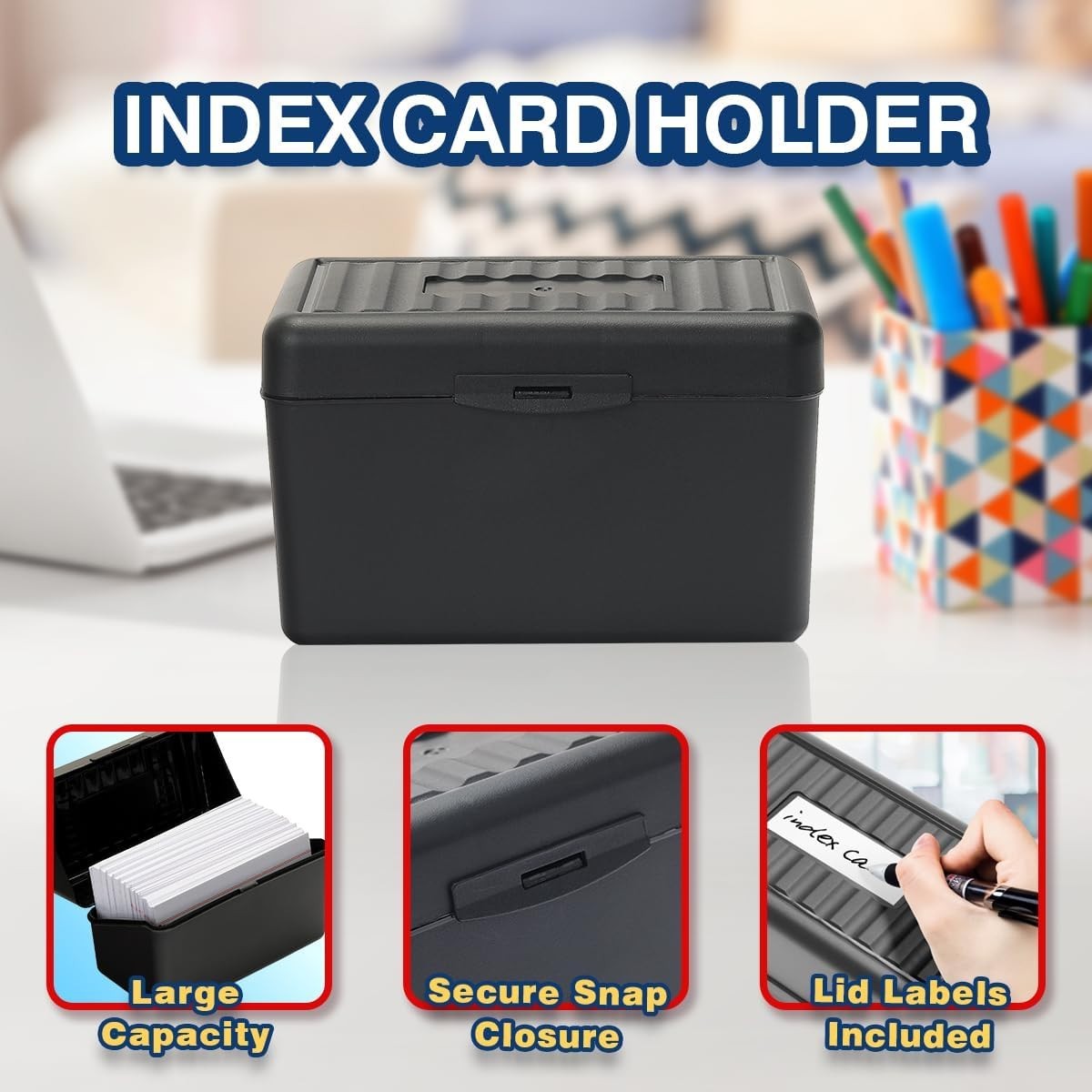 Compact 3×5 Index Card Box with 100 Cards & 25 Dividers in Sophisticated Black