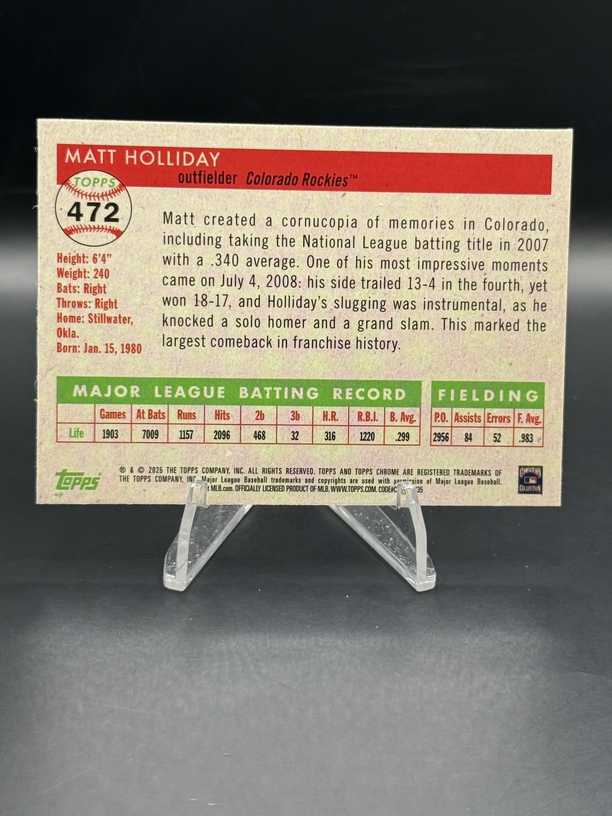 2025 Topps Chrome Platinum Anniversary Matt Holiday Rose Gold /75