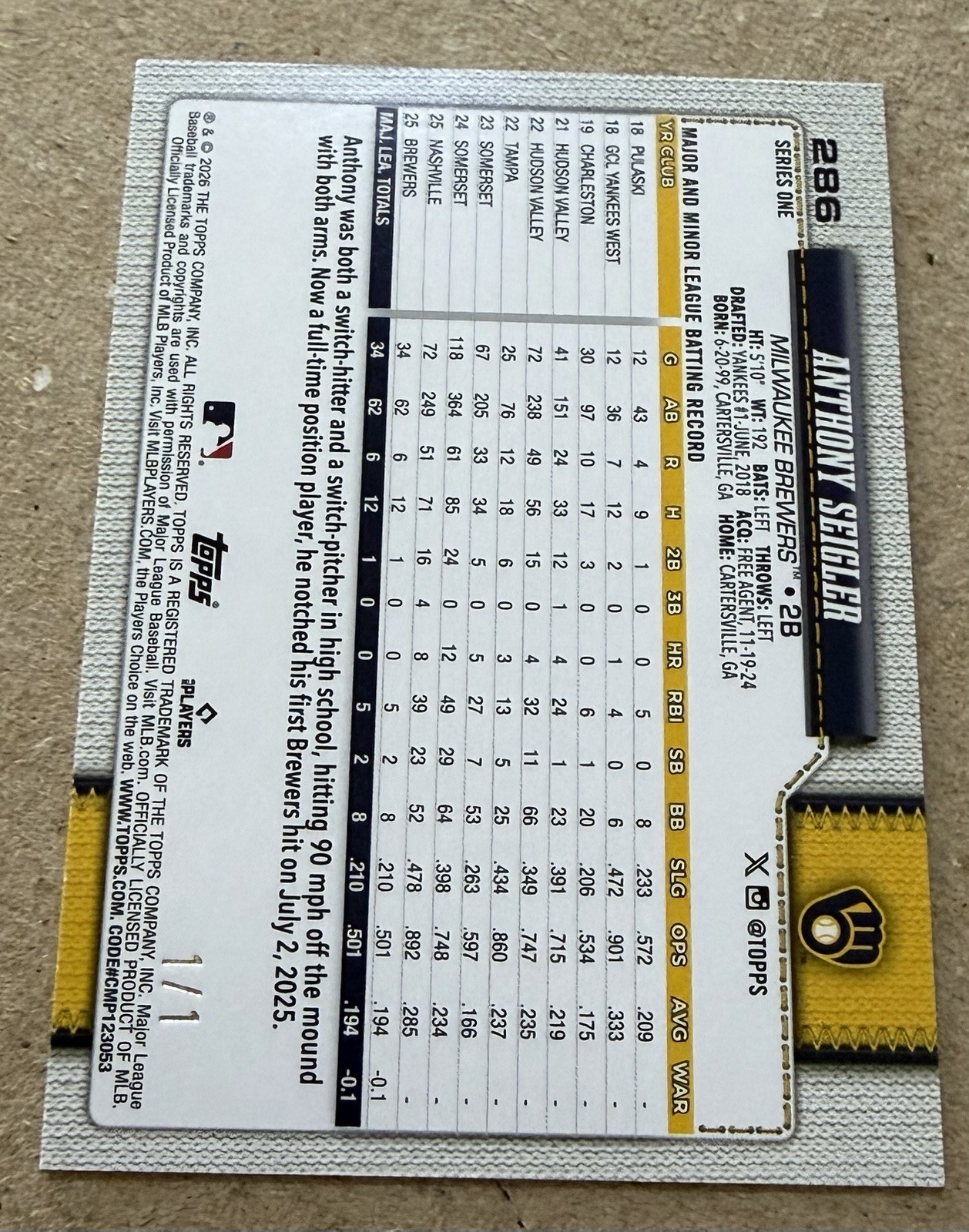 2026 Topps #286 Anthony Seigler Foilfractor True 1/1 RC Yankees Brewers