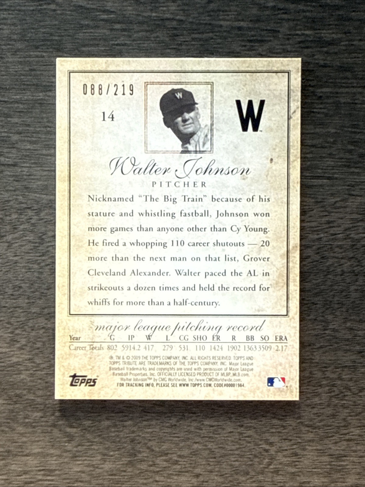 2009 Topps Tribute – Walter Johnson #14 Blue /219
