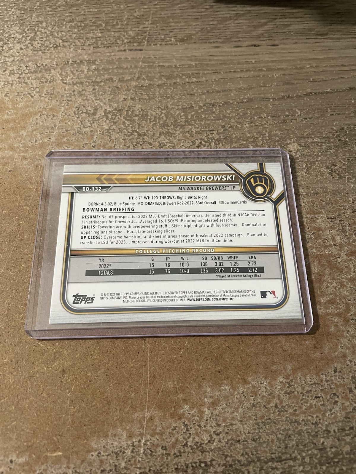 2022 Bowman Draft 1st Edition Jacob Misiorowski Rookie #BD-132 Milwaukee Brewers