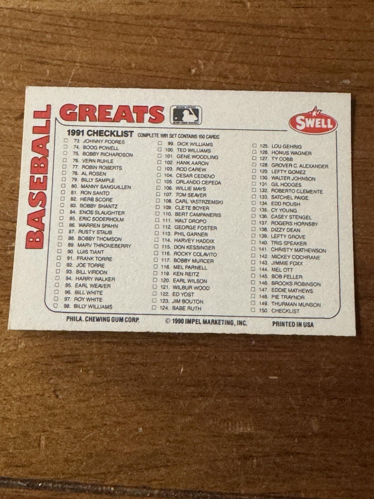 1991 Swell Baseball Greats Partial Set (65 Cards) – Willie Mays Included