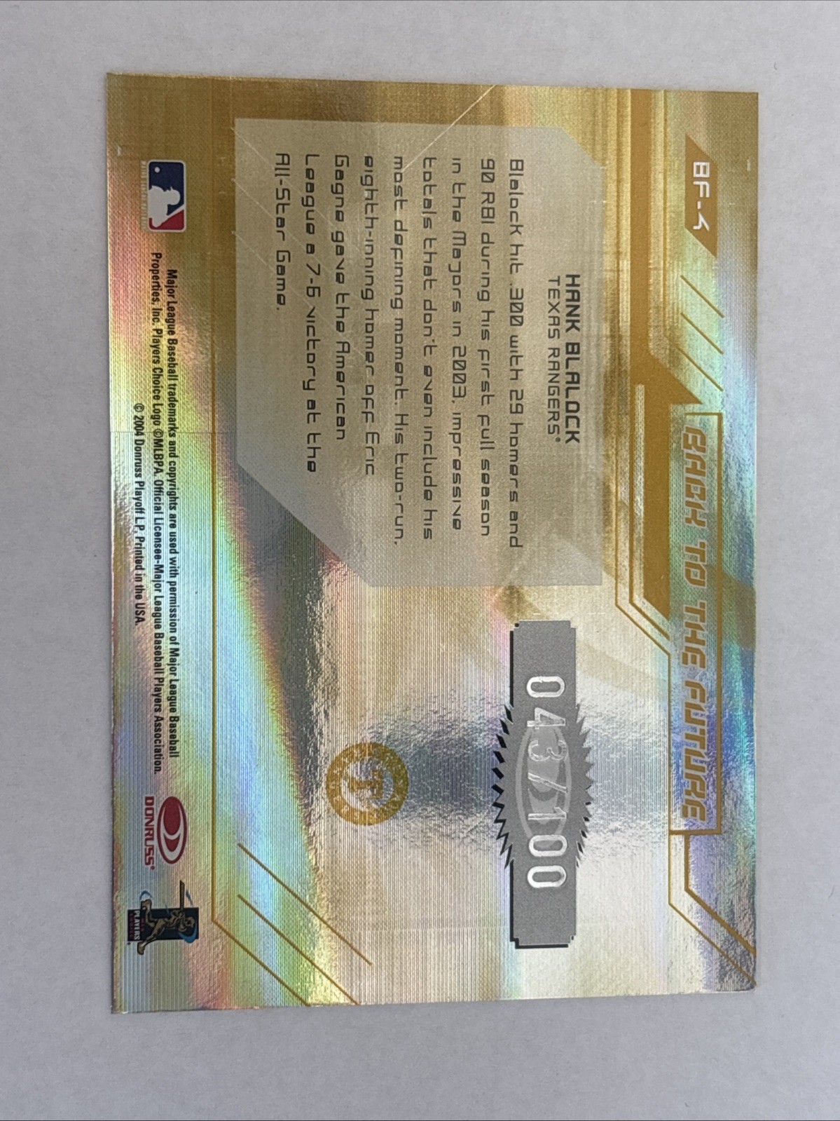 2004 Donruss Elite Back to the Future Gold /100 Hank Blalock #BF-4