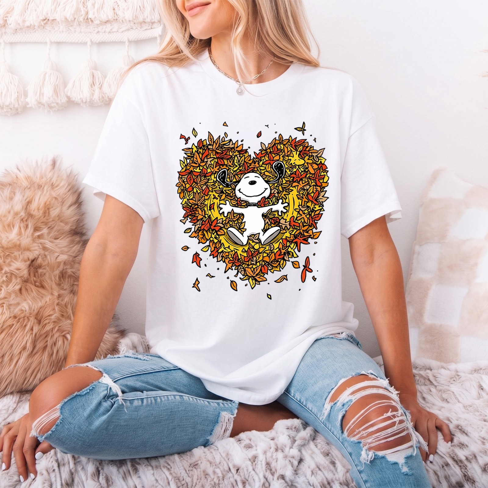 Cute Cartoon Autumn Leaves Heart Shirt, Thanksgiving Fall Graphic Tee – S to 5XL