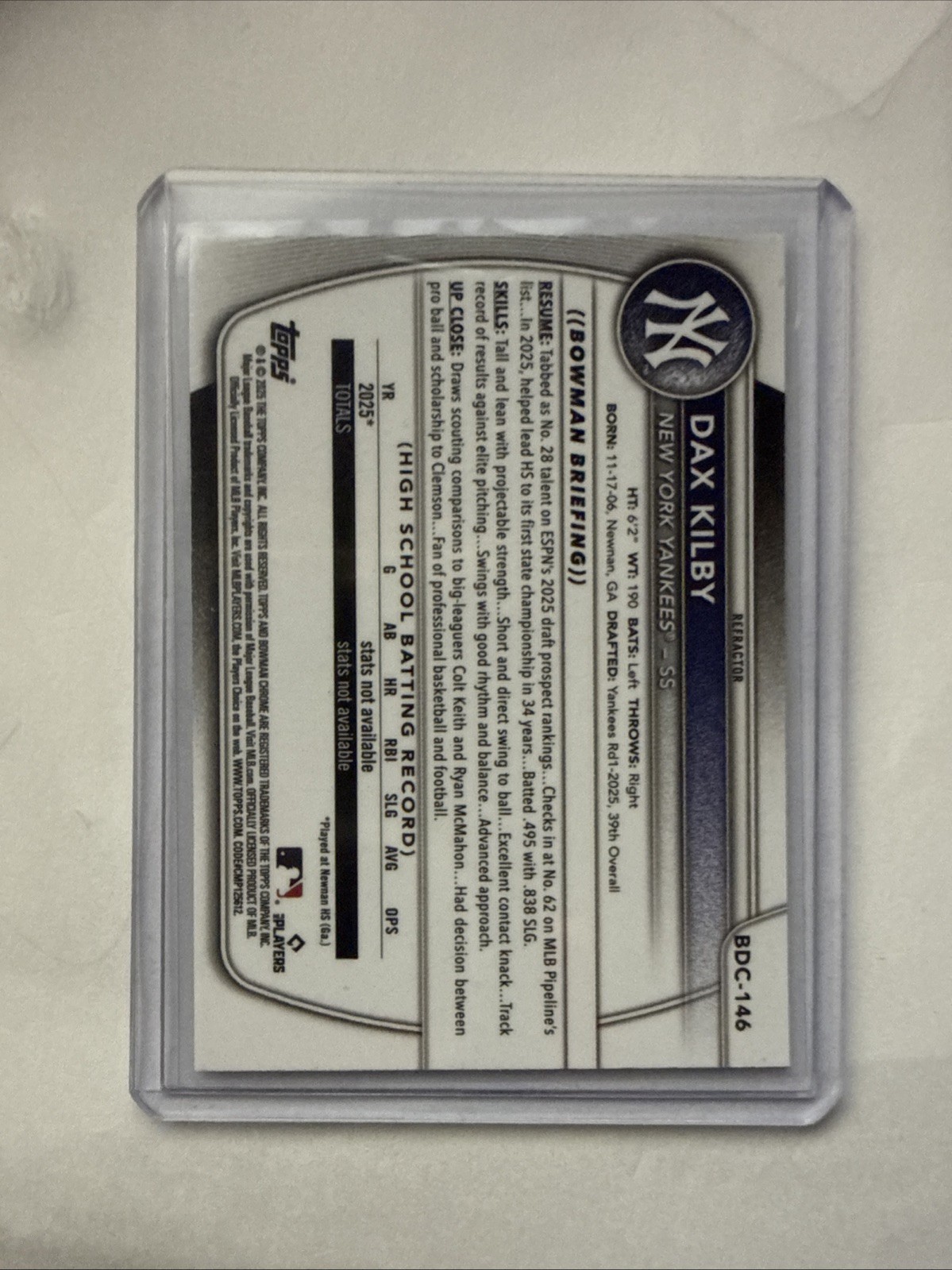 Dax Kilby 2025 1st Bowman Draft Chrome Refractor New York Yankees #BDC-146 💥