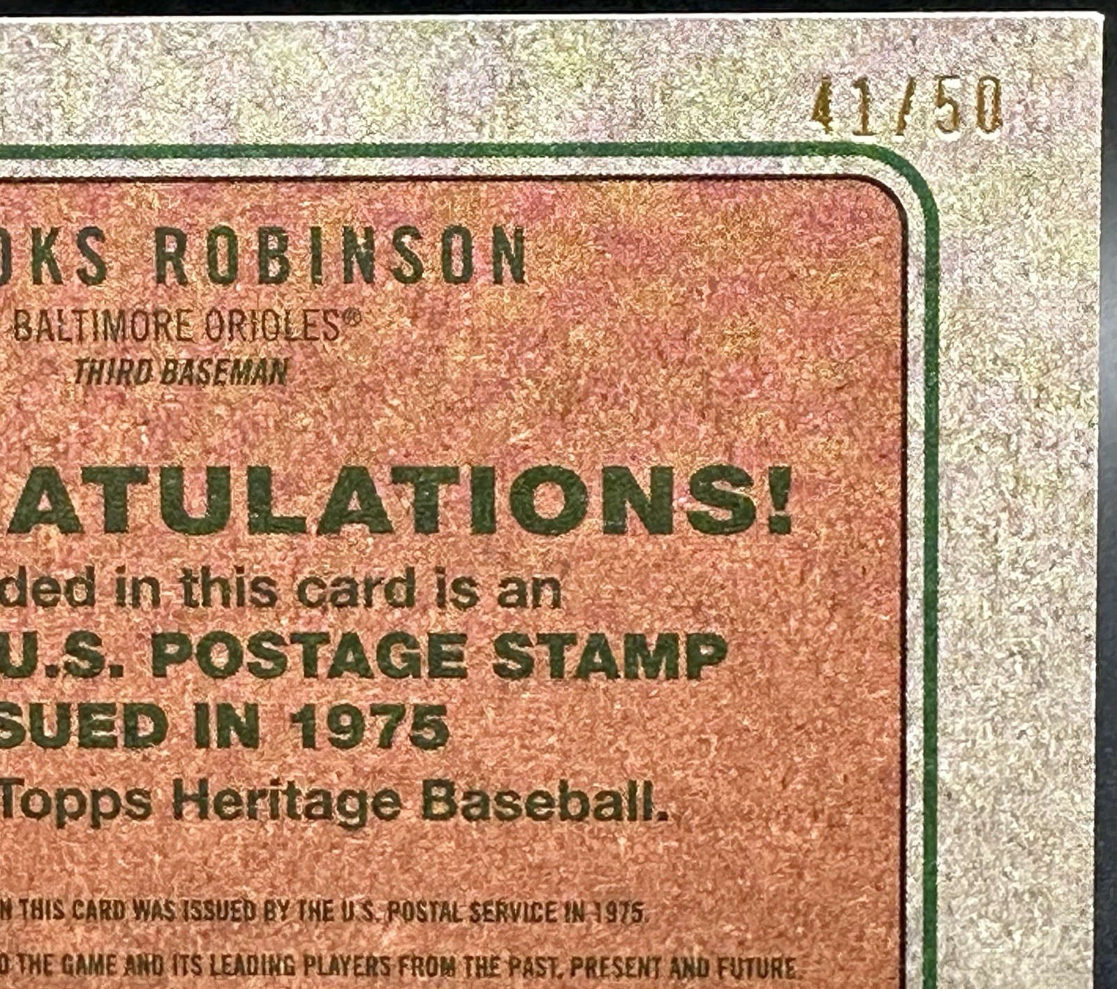 2024 Topps Heritage 1975 U.S. Postal Stamp Relics Brooks Robinson #75US-BR /50