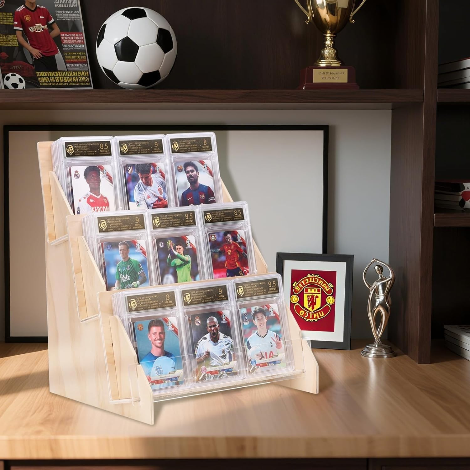 Wooden Trading Card Display Stand, 3-Tier Card Holder for Graded, Sports and TCG