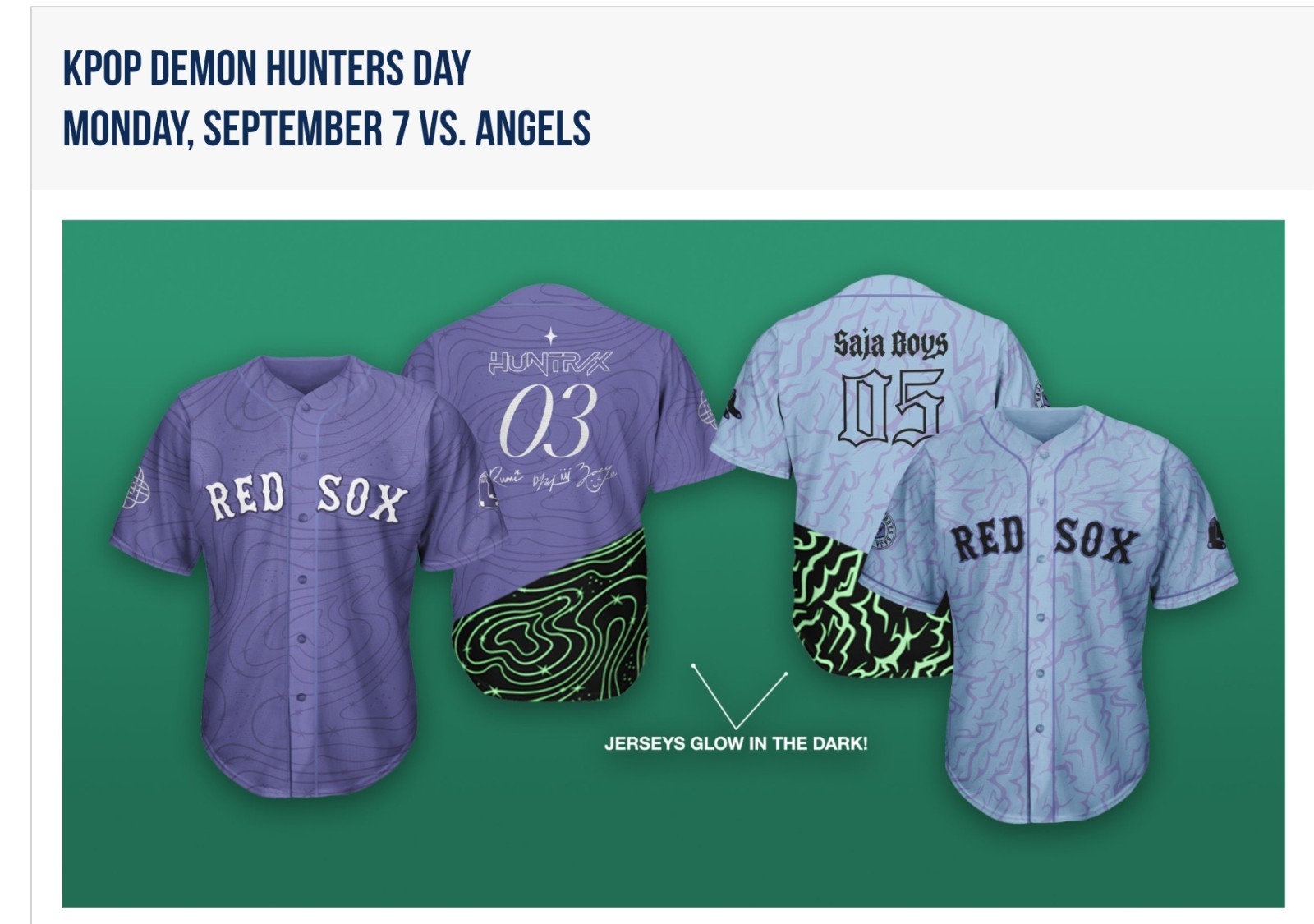 PRESALE: Red Sox KPOP Demon Hunters Glow-in-the-Dark Jersey Fenway Exclusive