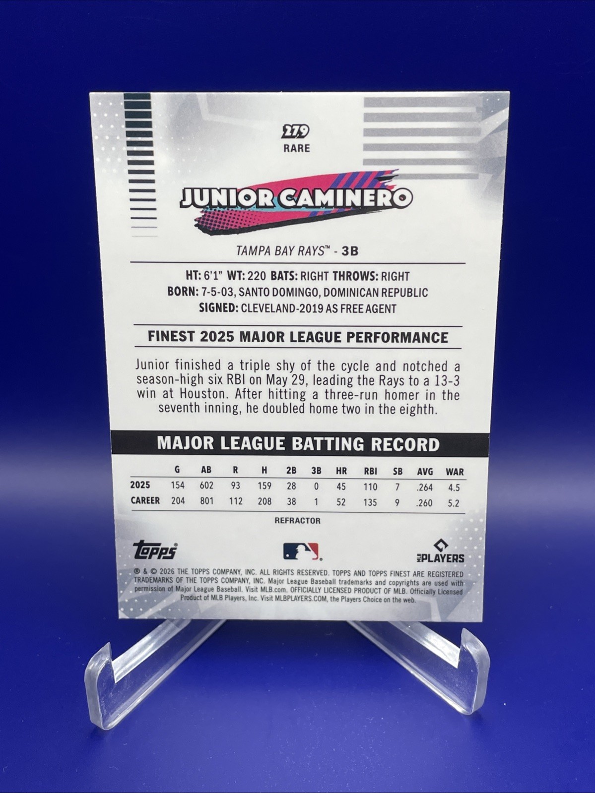 Topps Finest 2026 Junior Caminero #279 RARE Tampa Bay Rays