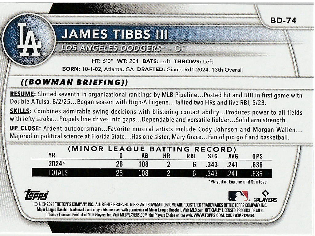 James Tibbs III Los Angeles Dodgers 2025 Bowman Draft ***