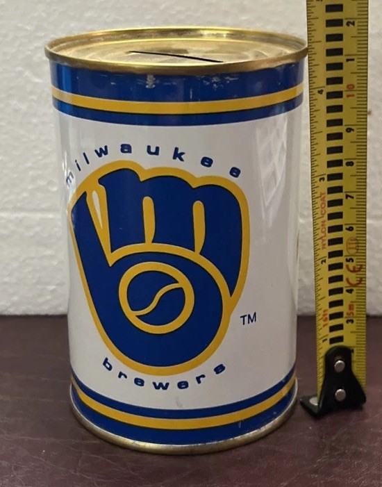 Vintage MLB Baseball Tin Can Coin Bank 1984 Milwaukee Brewers 4.5 In Tall Yount!