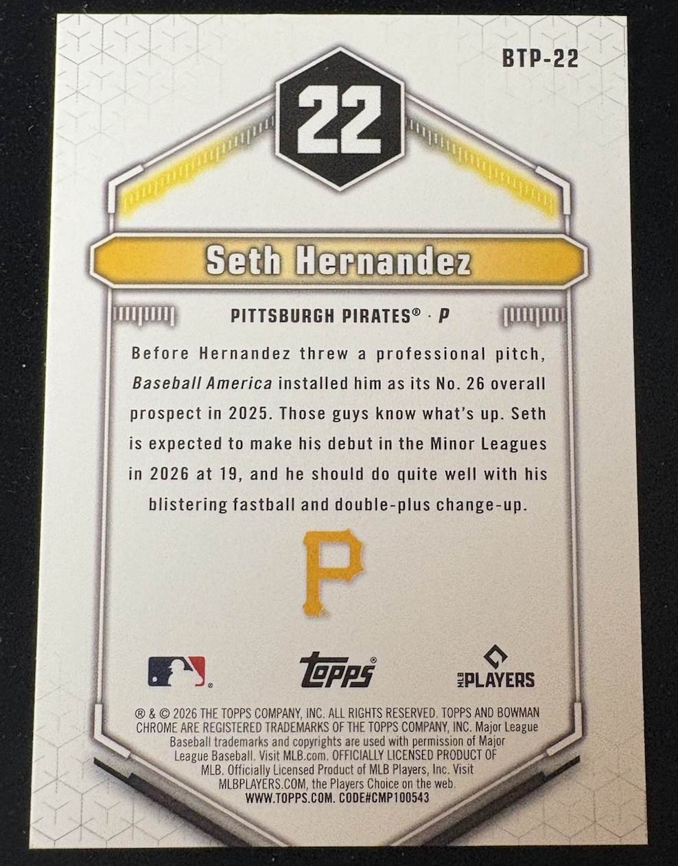 2026 Bowman Chrome Scouts Top 100 Seth Hernandez #BTP-22 Orioles