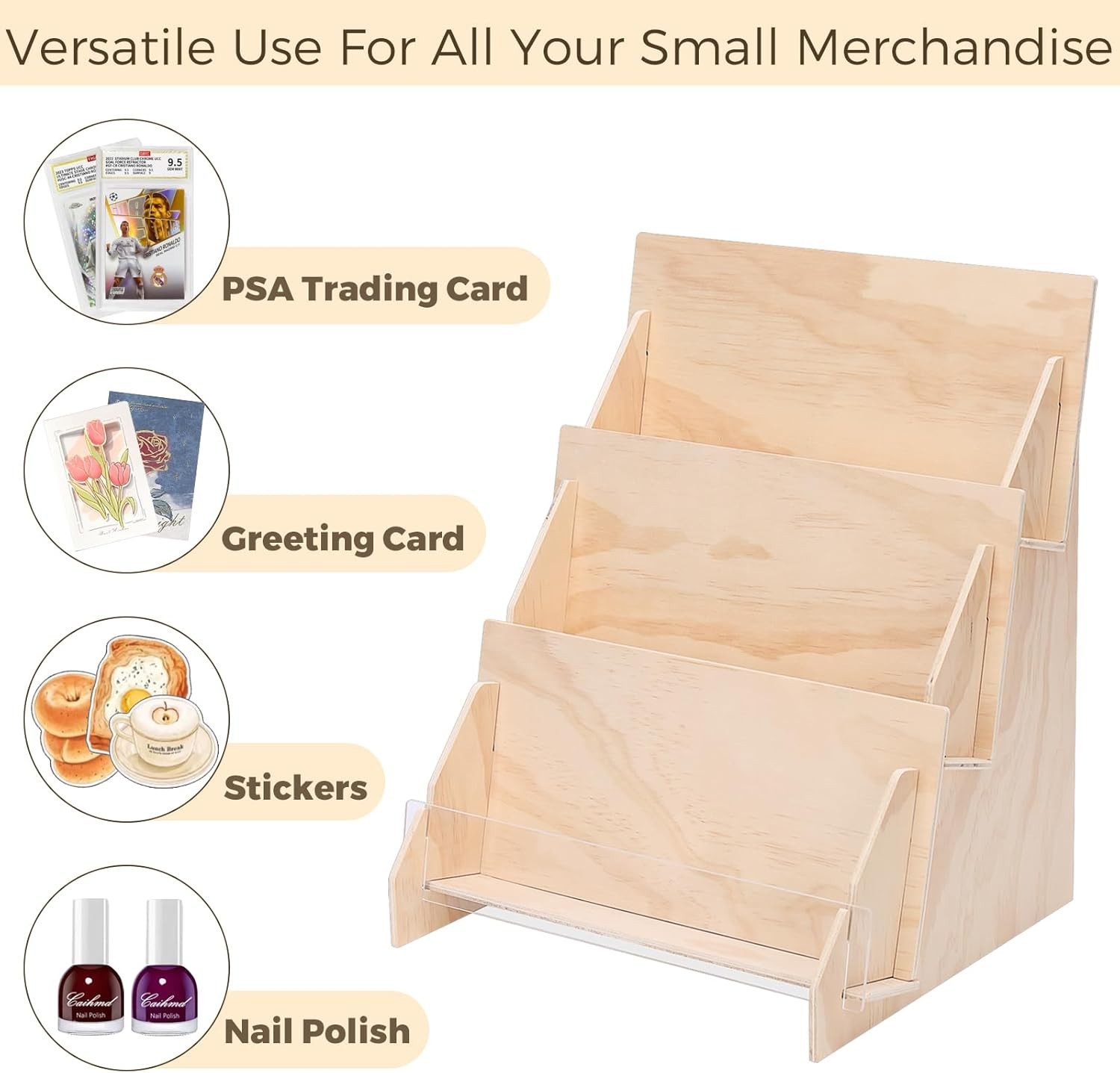 Wooden Trading Card Display Stand, 3-Tier Card Holder for Graded, Sports and TCG