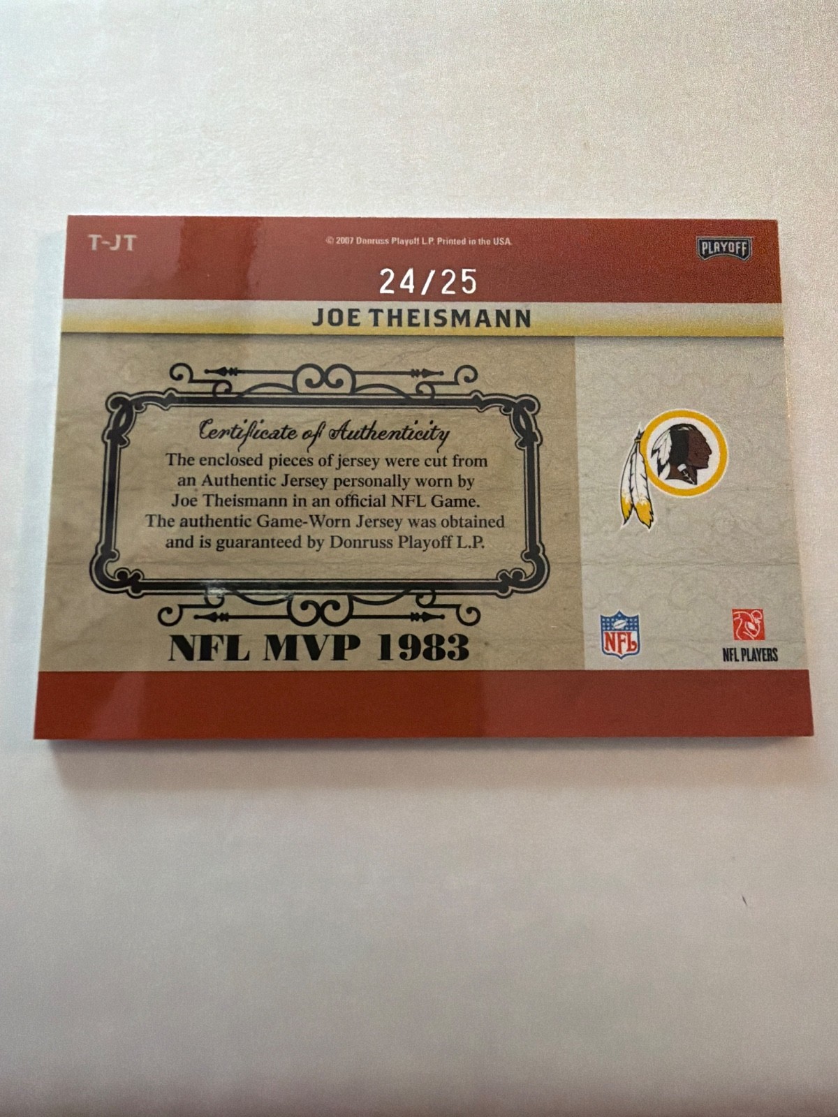 2007 Donruss Timeline Joe Theismann MVP GU Patch Playoff National Treasure #T-JT