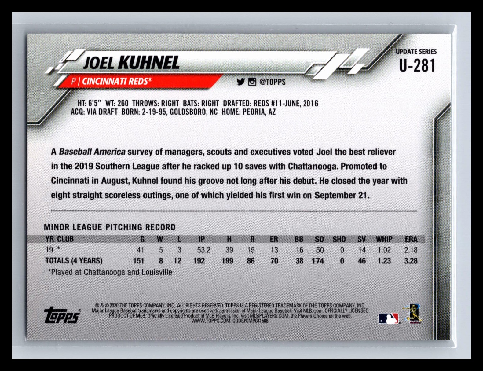 2020 Topps Update #U-281 Joel Kuhnel Base Rookie Card RC Cincinnati Reds