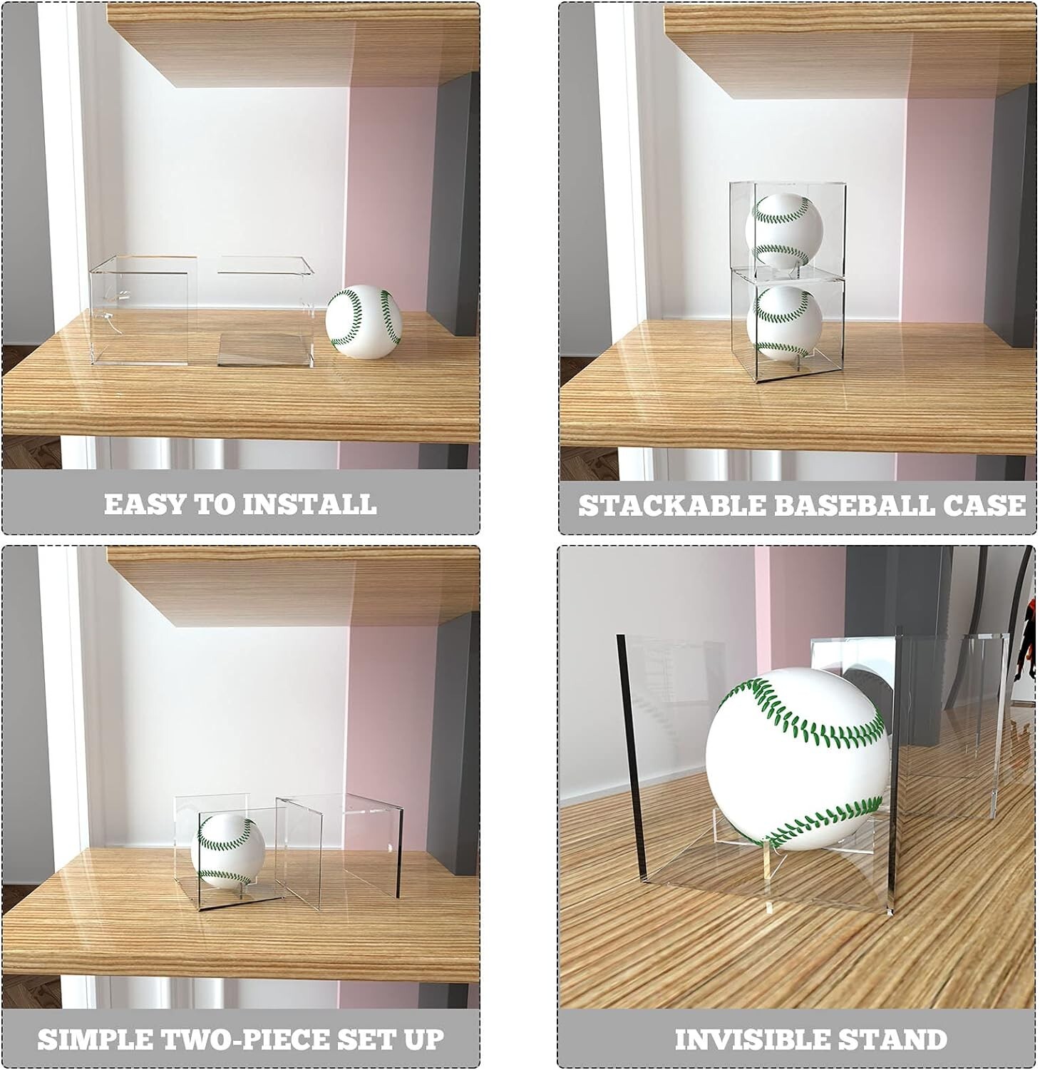 Baseball Display Case 4 Pack UV Protected Acrylic Square Baseball Holder Clear