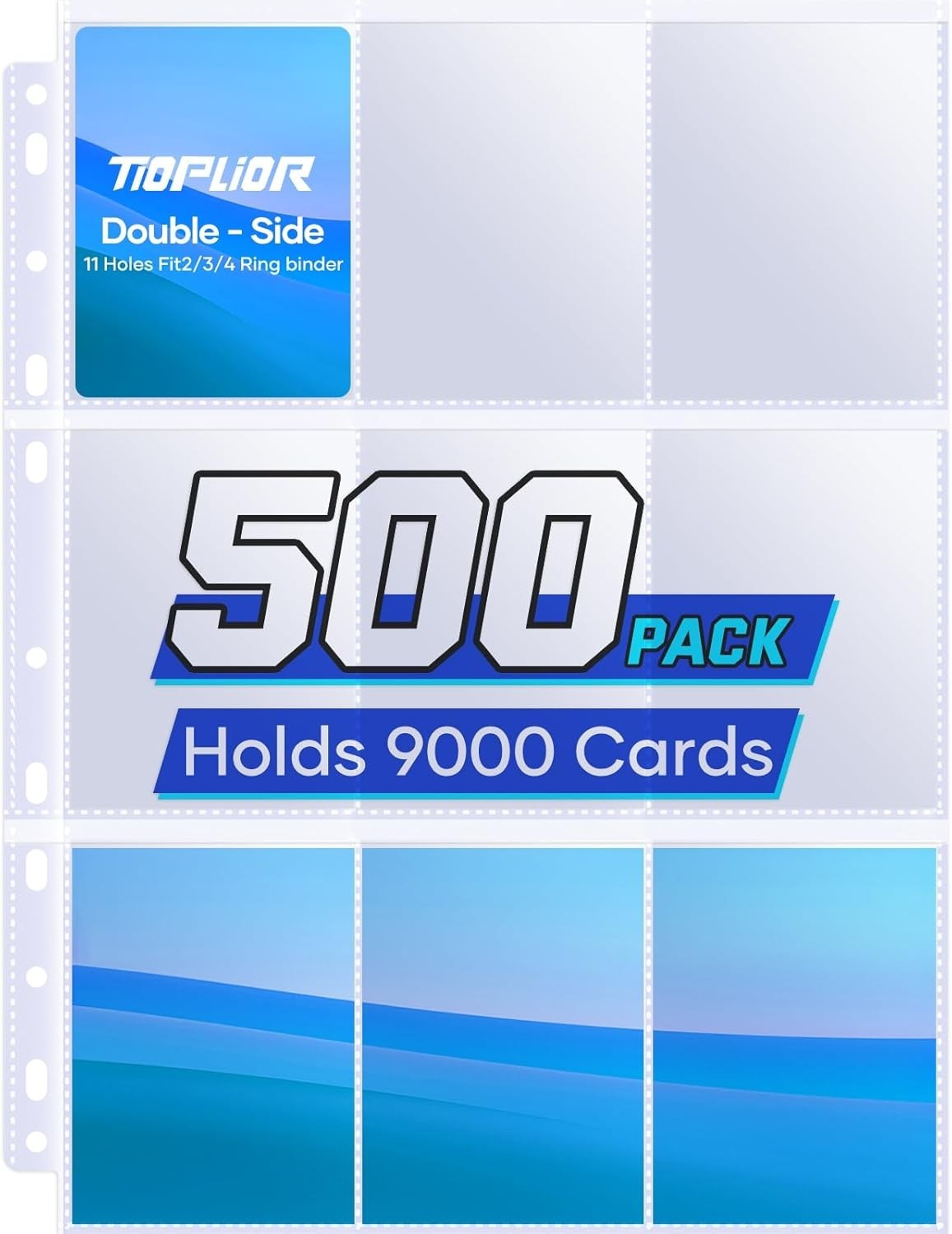 500 Pack Trading Card Sleeve Pages,9 Pockets Double Sided Binder Sheets for 3 Ri