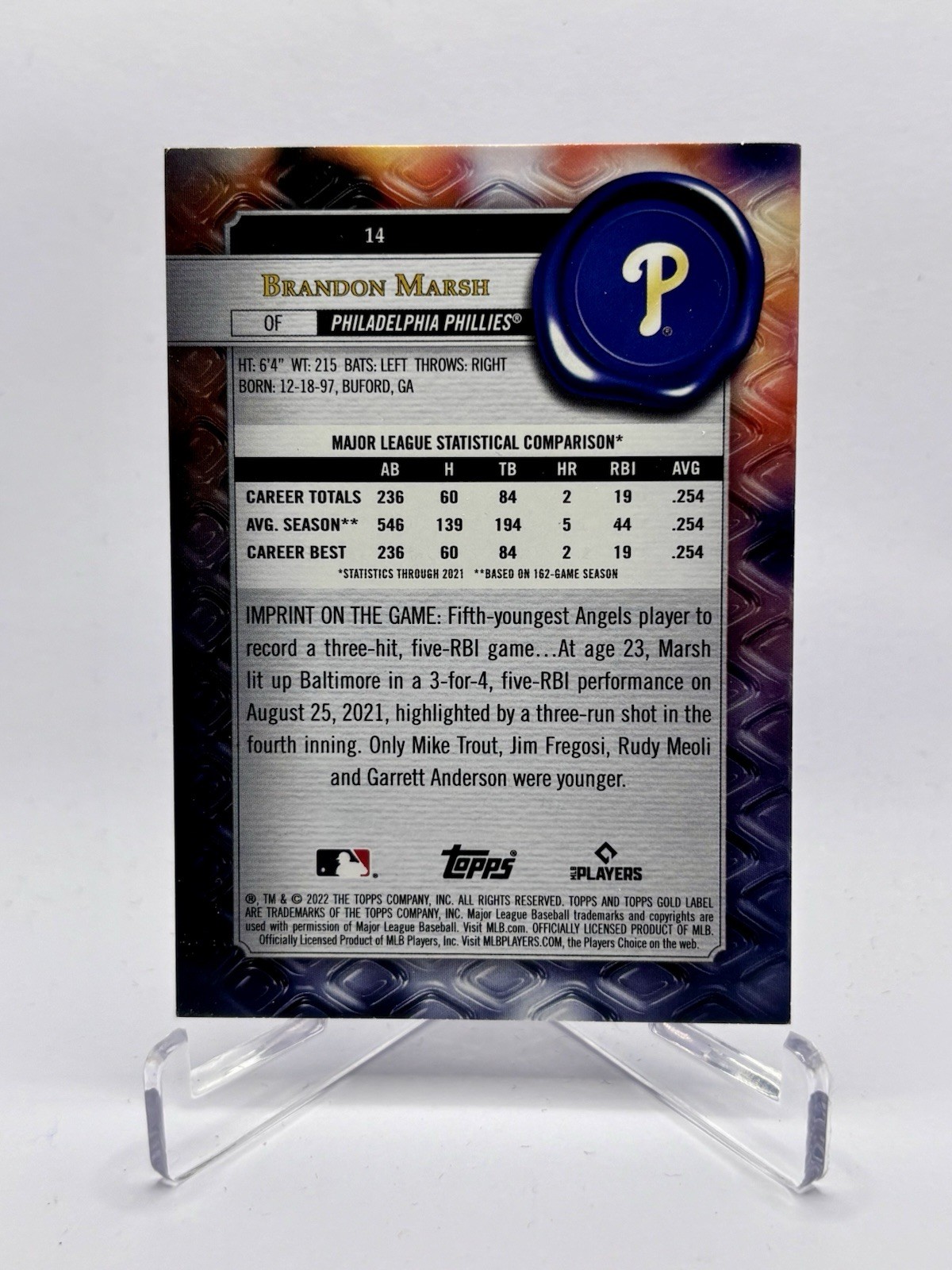 2022 Topps Gold Label Brandon Marsh #14 Class 1 RC Rookie Angels – Phillies