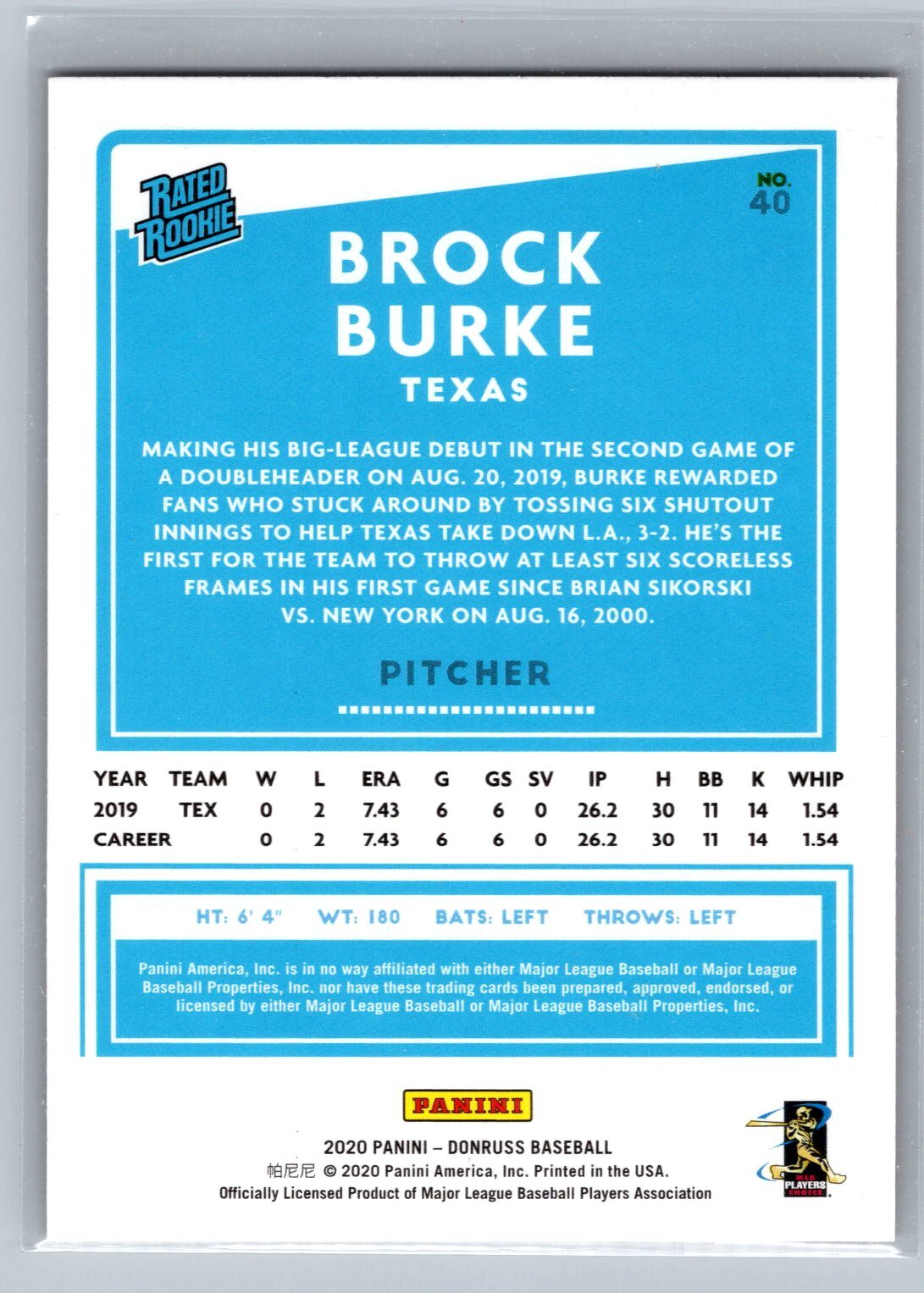 2020 Donruss #40 Brock Burke Holo Orange Texas Rangers