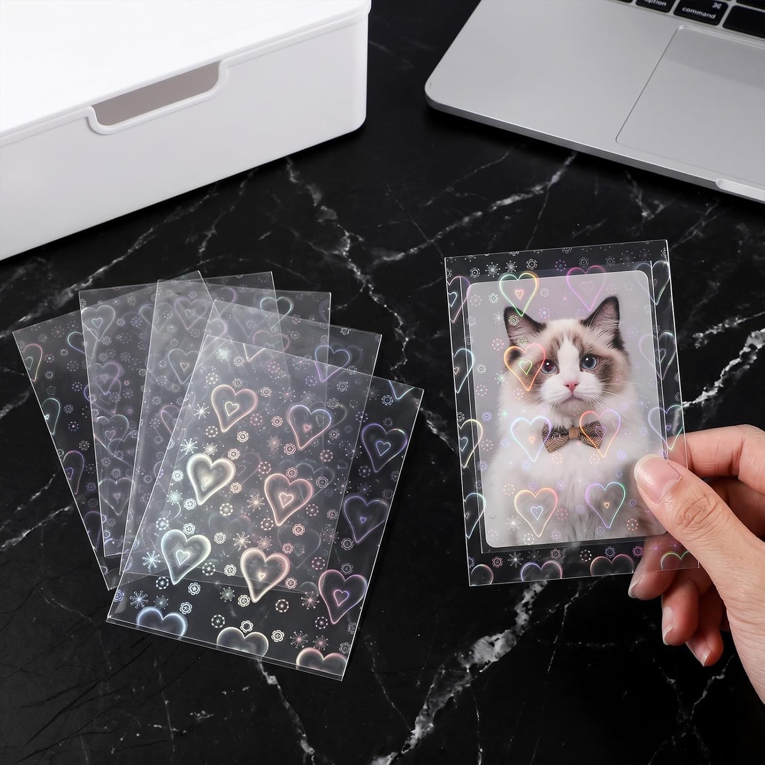 200pcs Photocard Sleeves Heart Laser Holographic Foil Cute Photo Card Pack