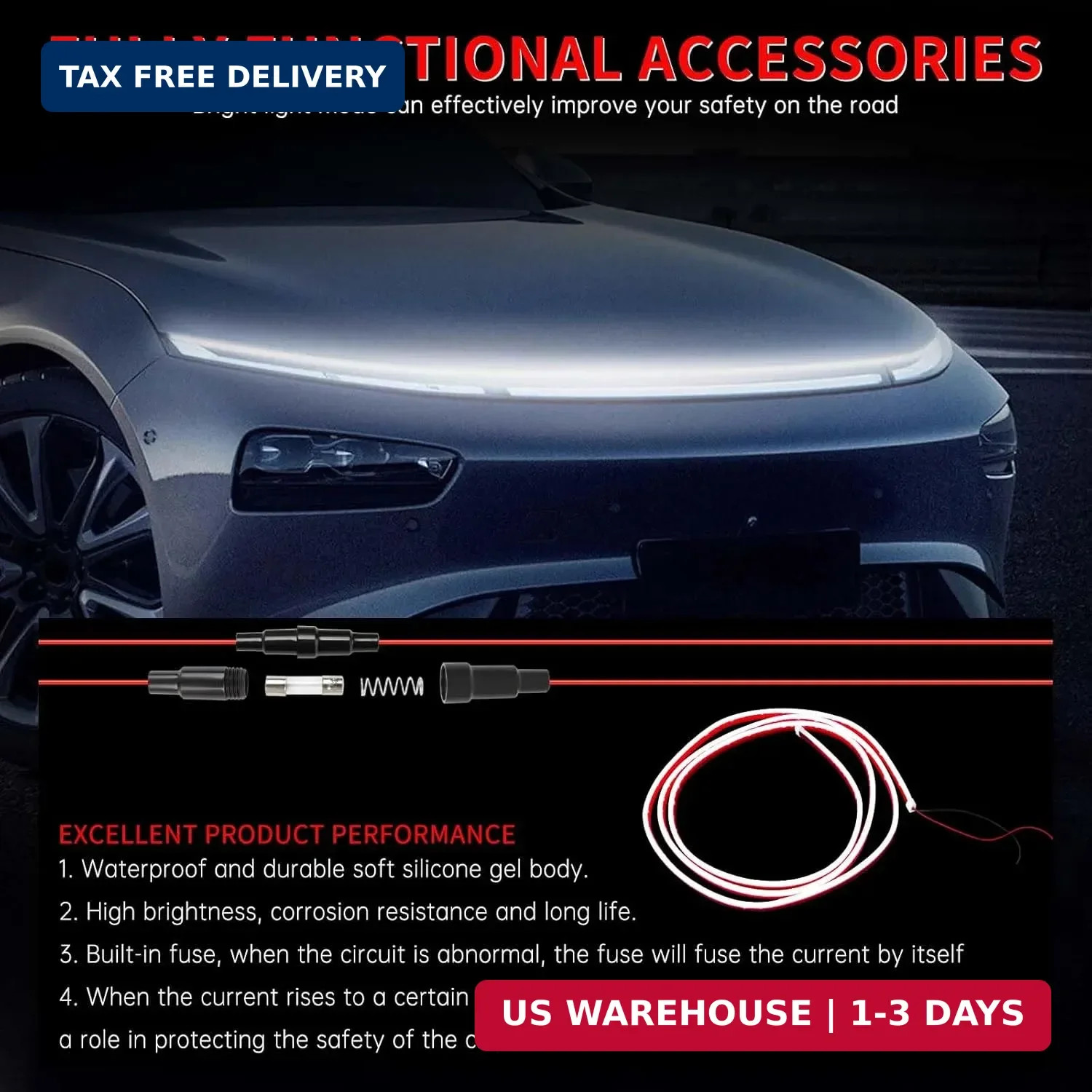 DREAMOTOR 94.5 Inch Car Hood Light Strip, White Exterior Dynamic Car LED Hood Li