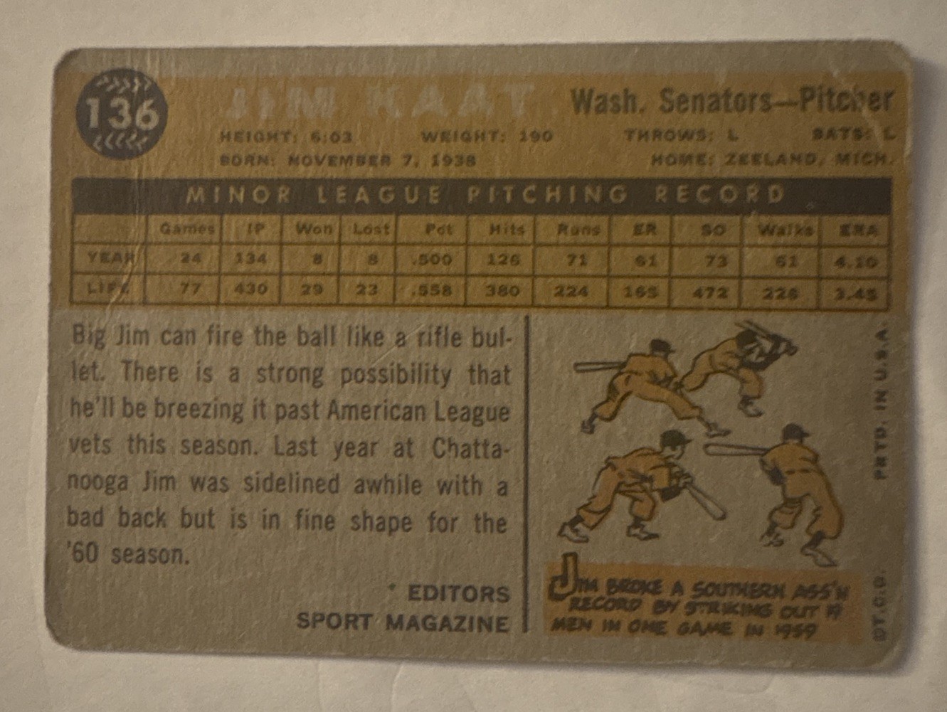 Topps 1960 Jim Kaat Washington Senators #136 Sport Magazine Rookie Star
