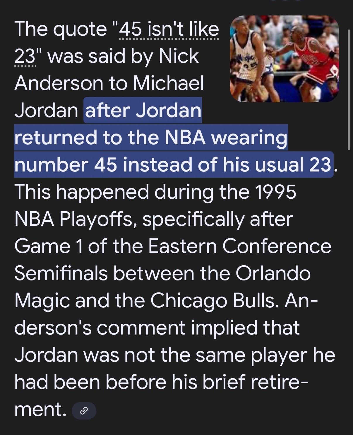 MICHAEL JORDAN WEARING #45 IN 1995 ECF~ NICK ANDERSON “45 Isn’t 23” TYPE 1 PHOTO