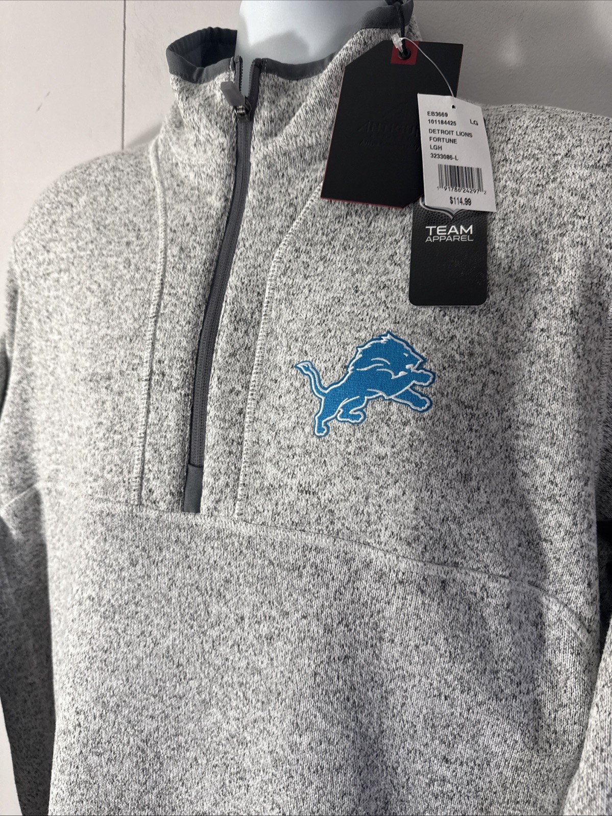 New Antigua Detroit Lions Fortune 1/4 Zip NFL Pullover Jacket Heather LARGE $115