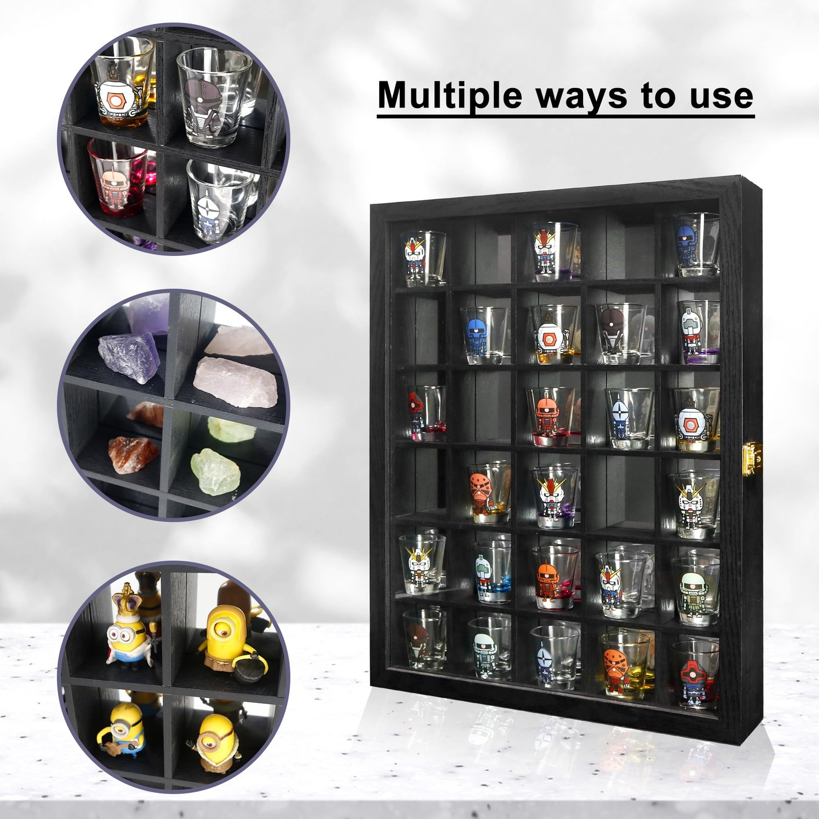 Black Shot Glass Display Case 30 Slots with Mirror Background Large Wooden Ca…