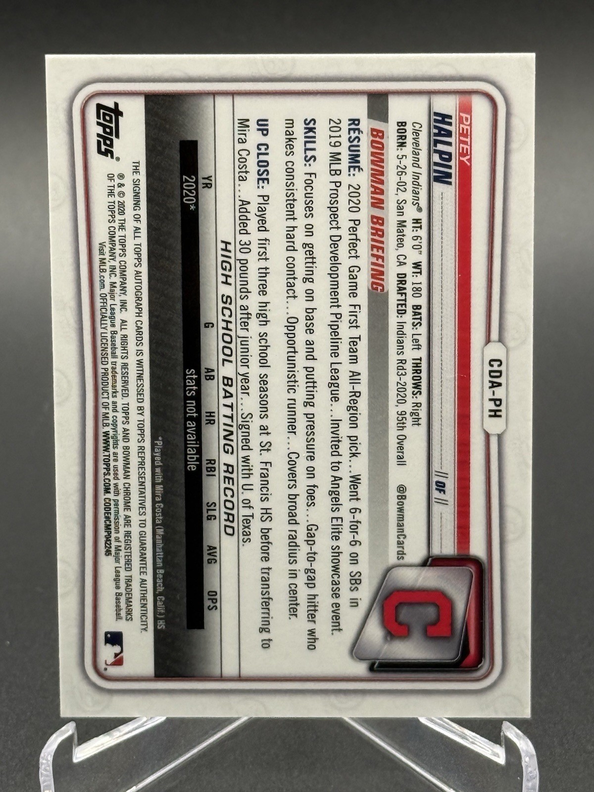 2020 Bowman Draft PETEY HALPIN 1st Chrome Auto CDA-PH – Guardians