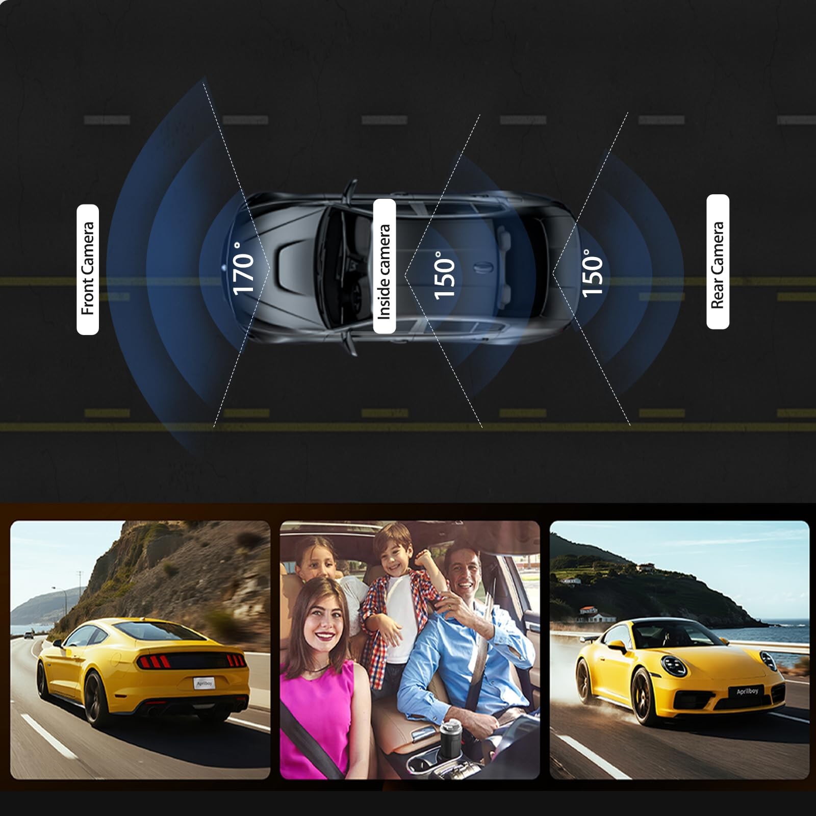 Aprilboy 12″ 3-Channel 4K Mirror Dash Cam Front/Inside/Rear 1080P WiFi G-Sensor