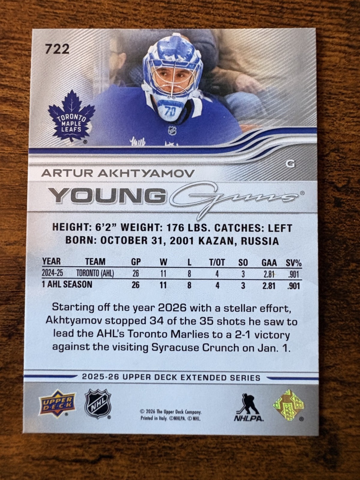 Artur Akhtyamov 2025-26 Upper Deck Extended Series Young Guns RC #722