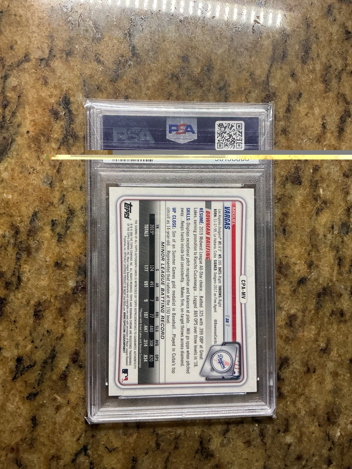 MIGUEL VARGAS 2020 Bowman Chrome Blue Refractor 1st ON CARD Auto #/150 PSA 9