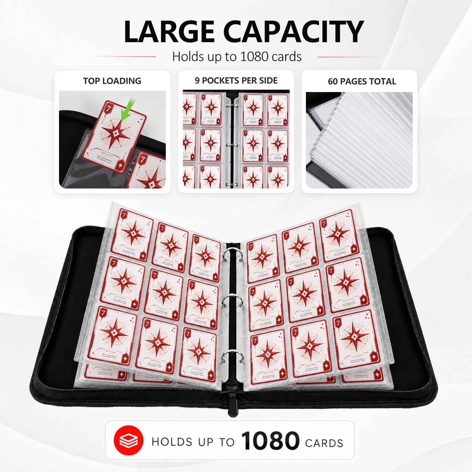 Large Capacity 9 Pocket Trading Card Binder – Holds 1080 Cards, Removable Sleeve