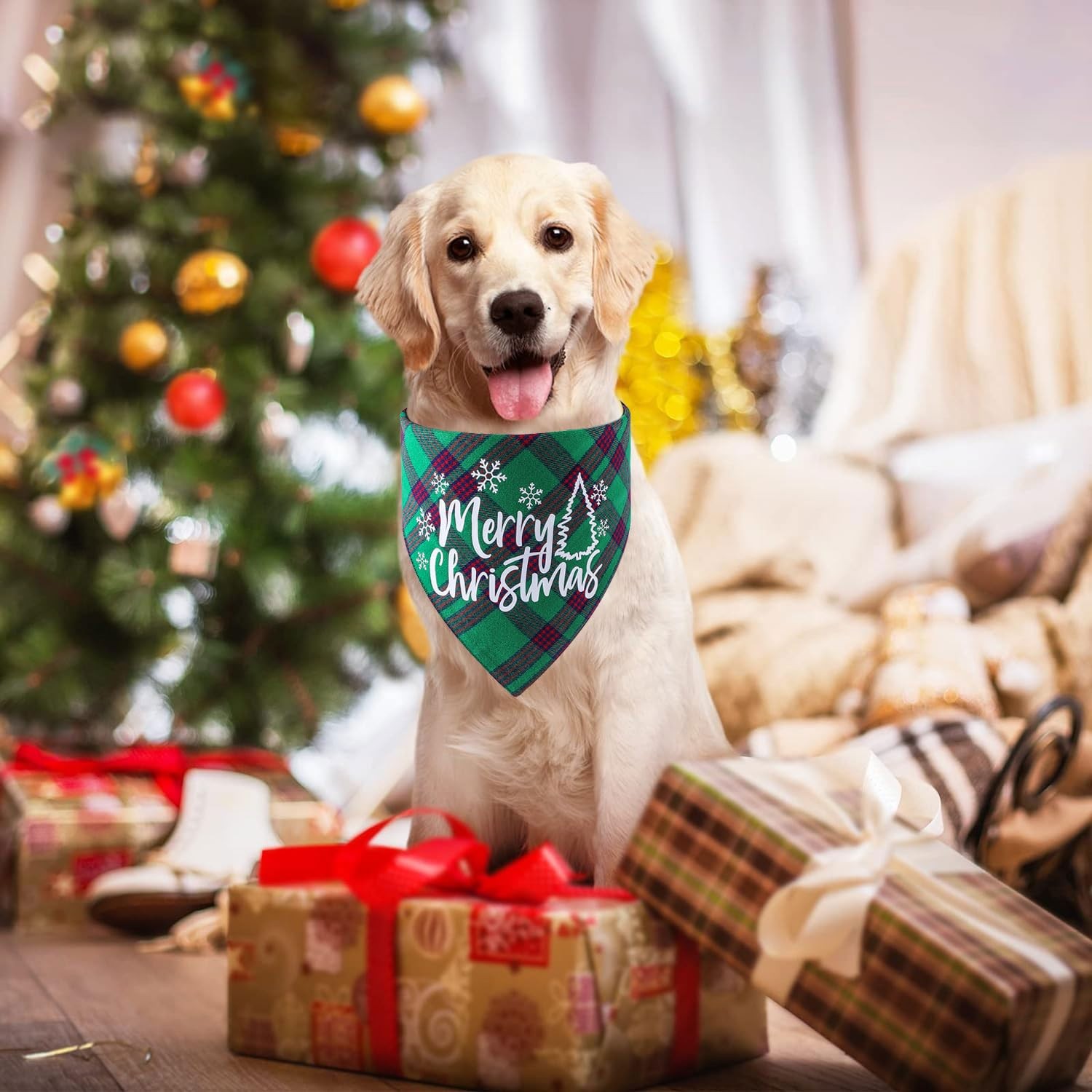 Christmas Dog Bandana 2 Pack, Classic Plaid Scarf Large, Merry