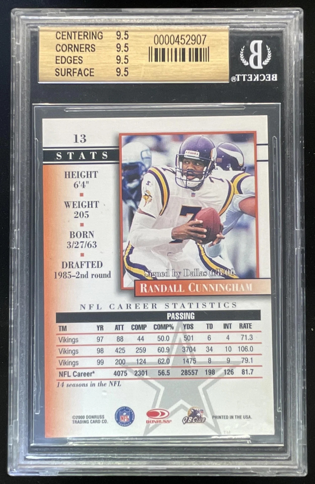 2000 Donruss Preferred Graded Series #13 Randall Cunningham BGS 9.5